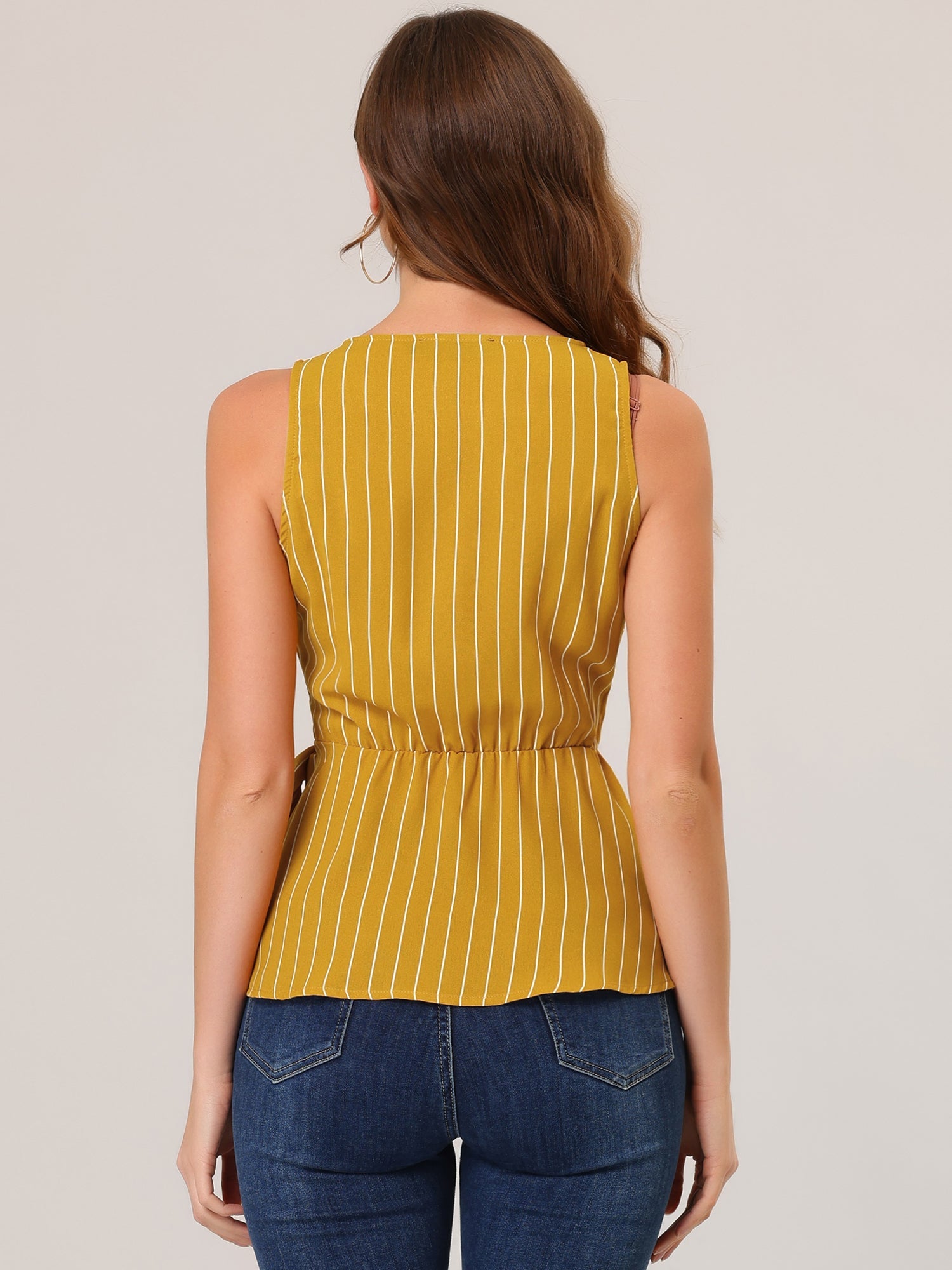 Sleeveless V Neck Tie Waist Asymmetric Hem Wrap Peplum Top