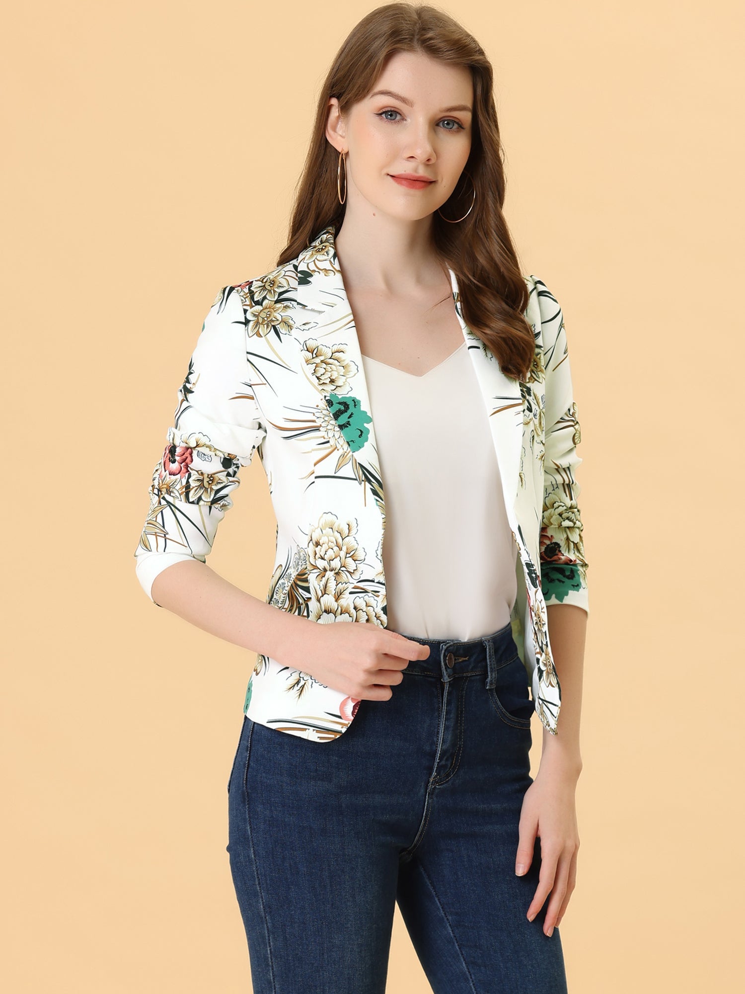 Open Front Notch Lapel Floral Business Casual Suit Blazer
