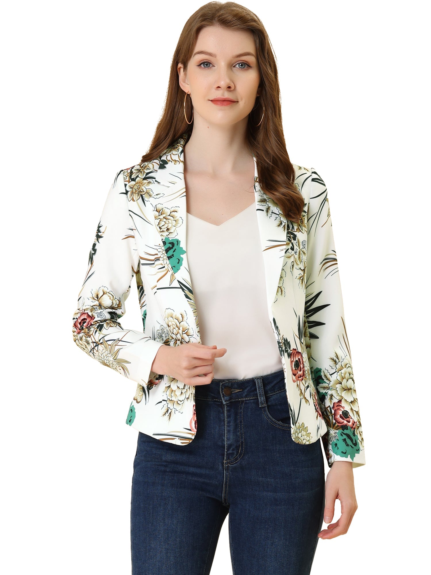 Open Front Notch Lapel Floral Business Casual Suit Blazer