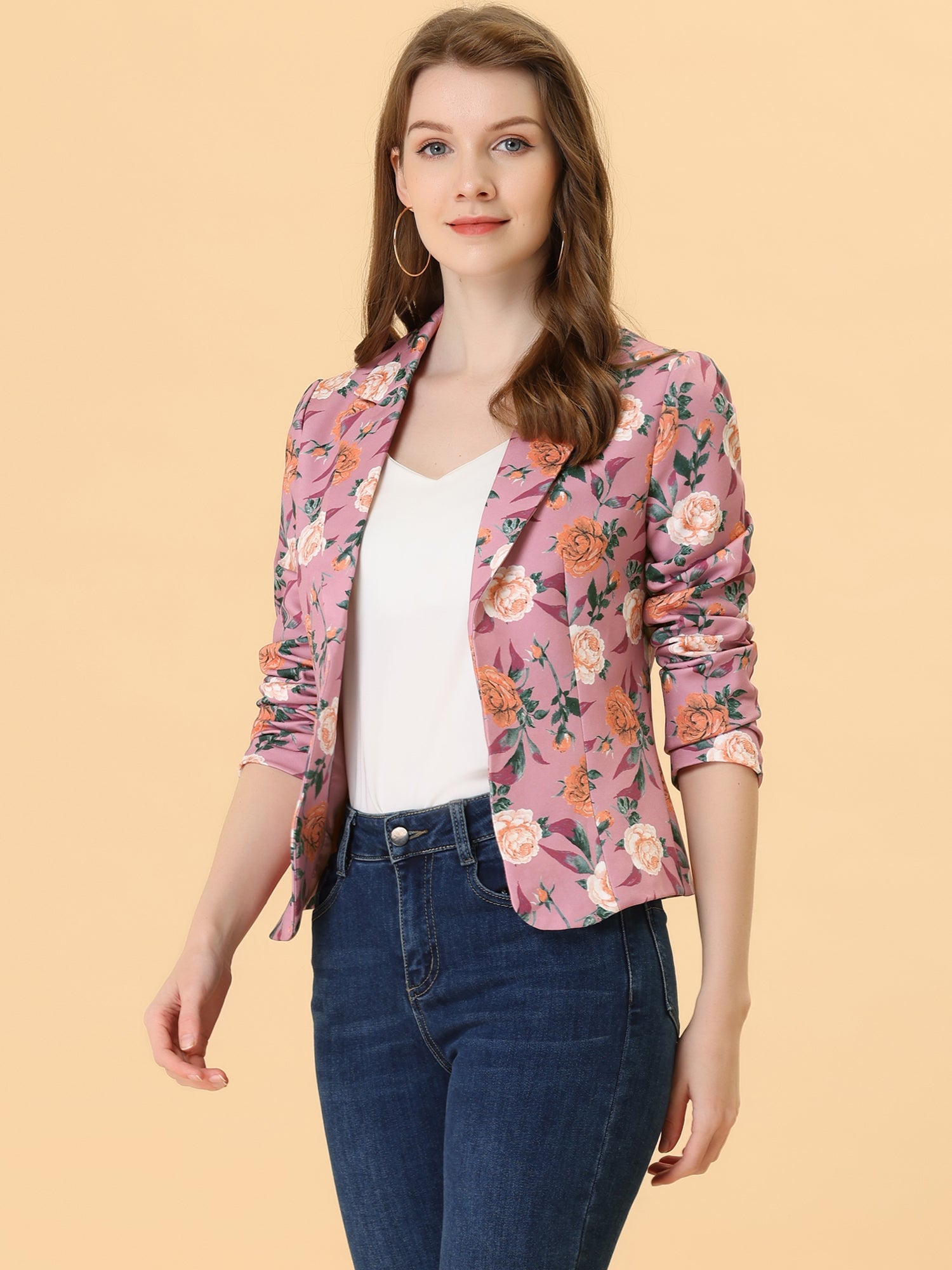 Open Front Notch Lapel Floral Business Casual Suit Blazer