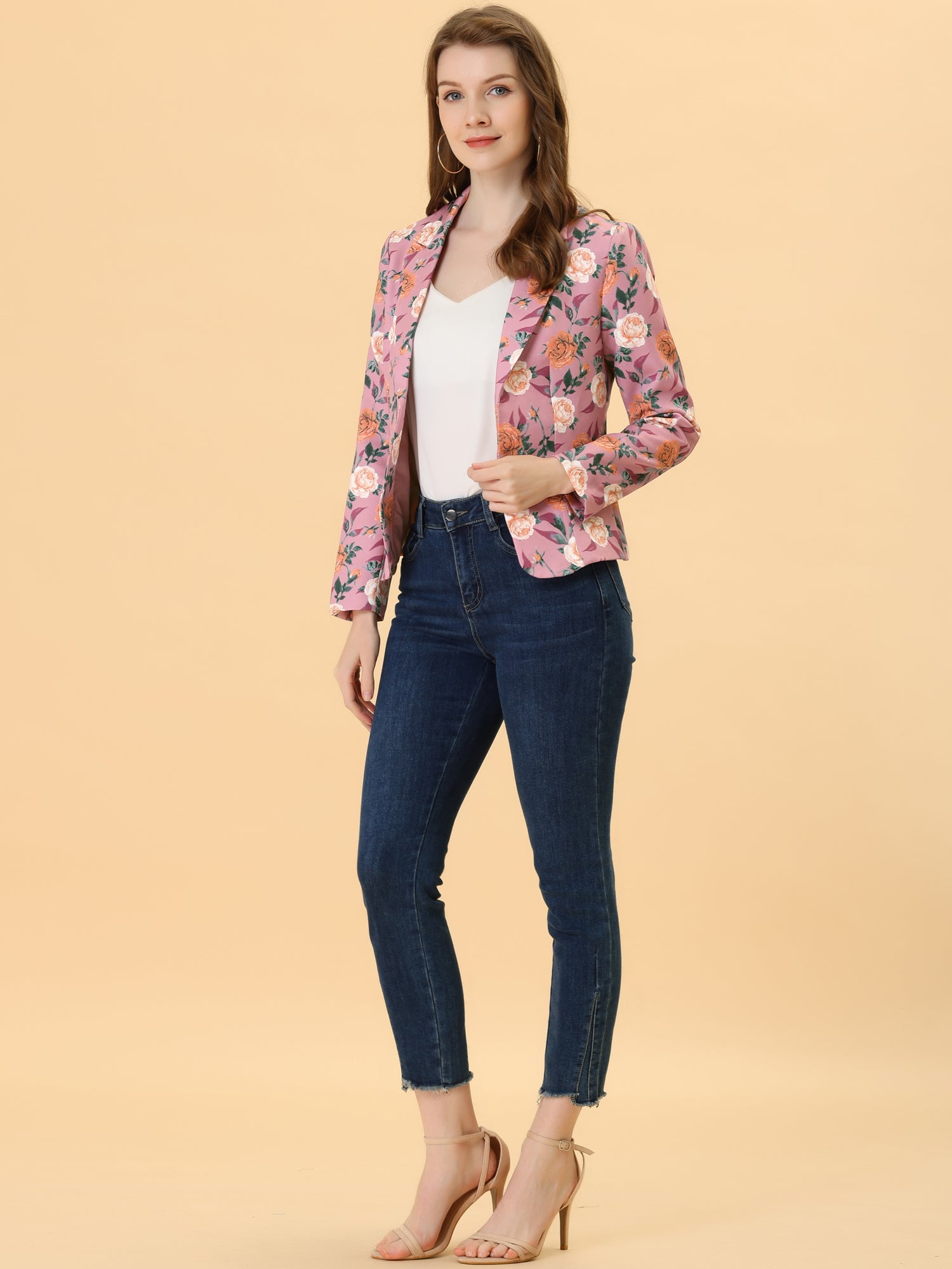 Open Front Notch Lapel Floral Business Casual Suit Blazer