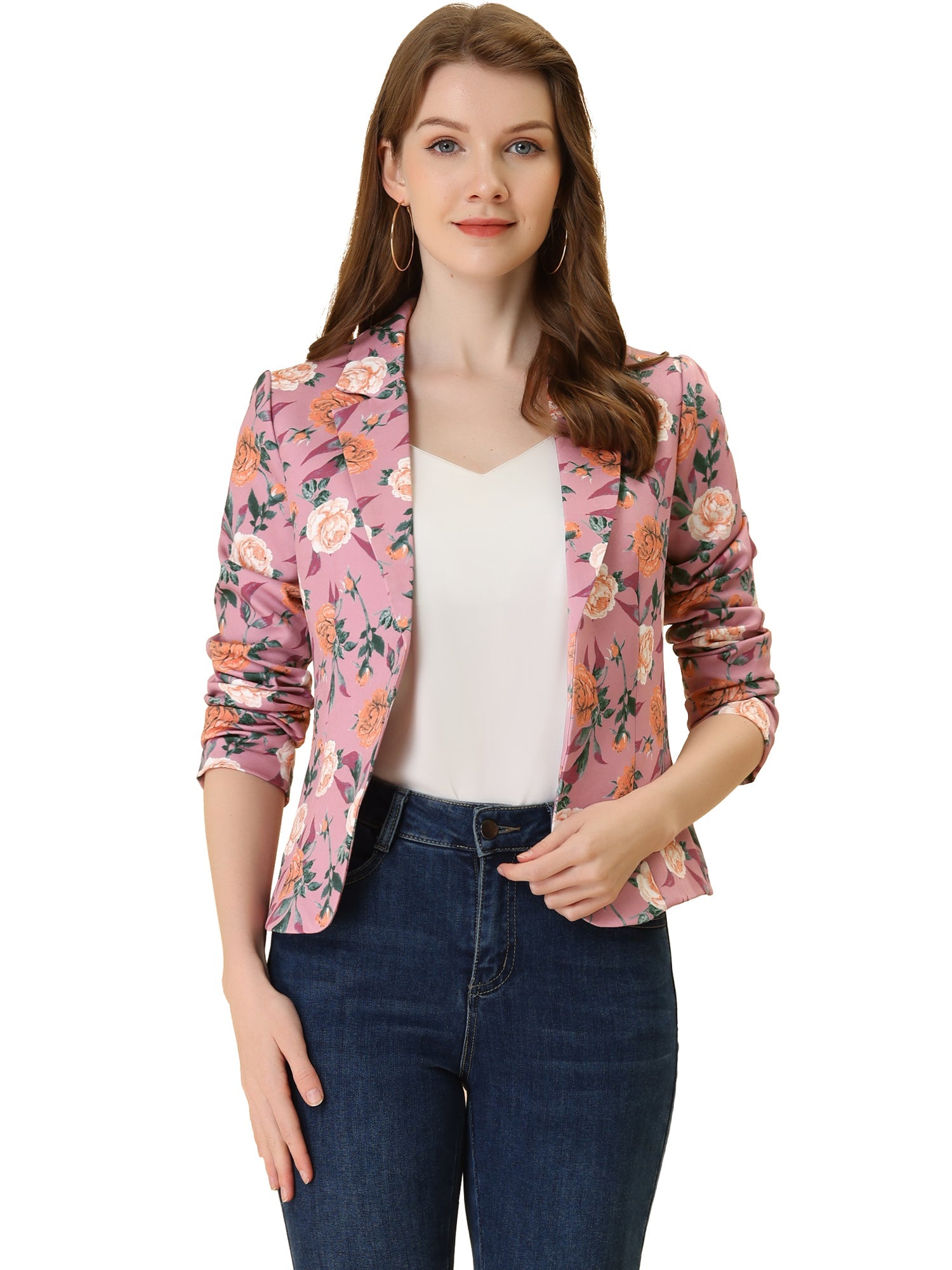 Open Front Notch Lapel Floral Business Casual Suit Blazer