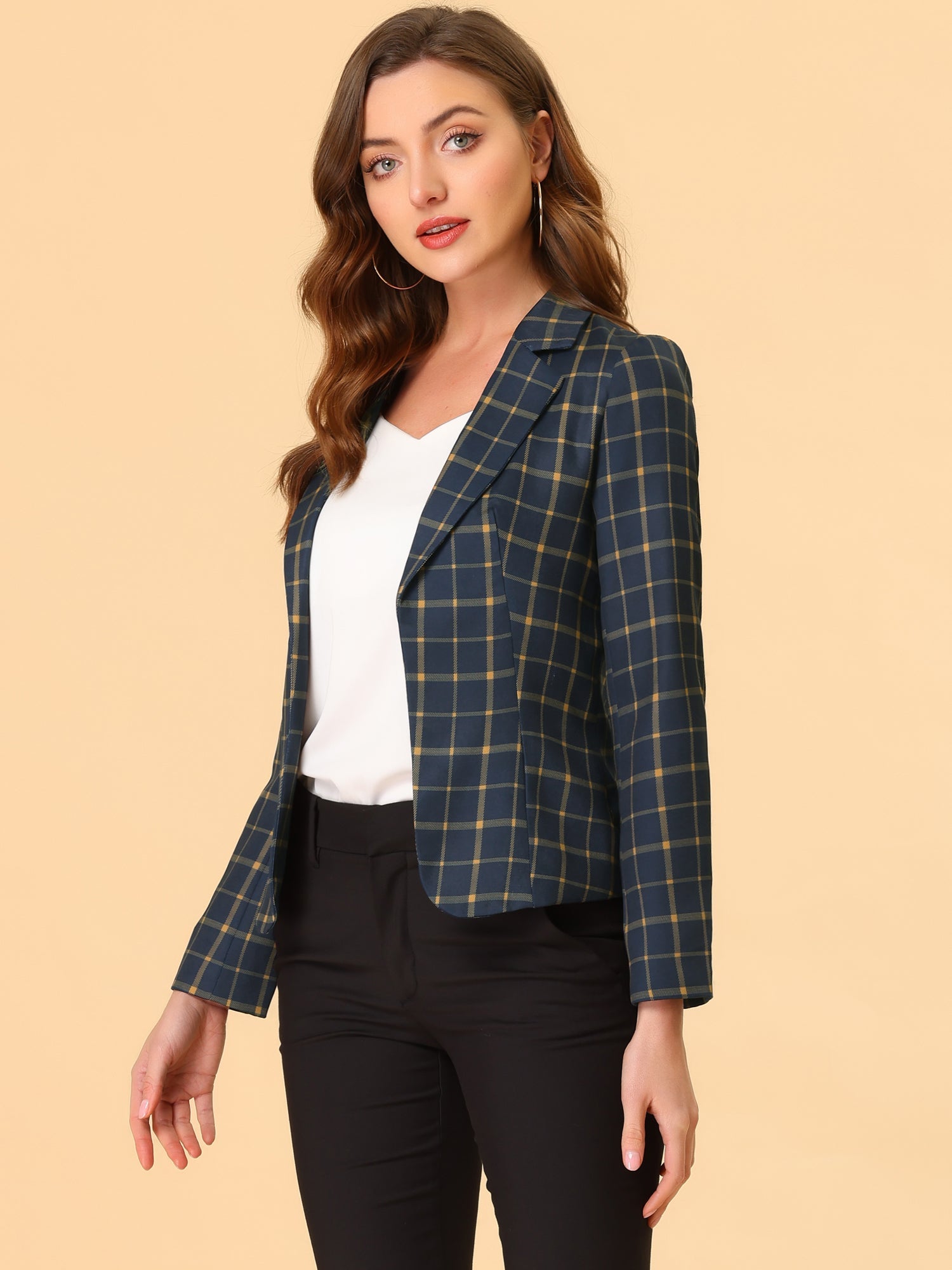 Business Casual Open Front Notch Lapel Plaid Suit Blazer