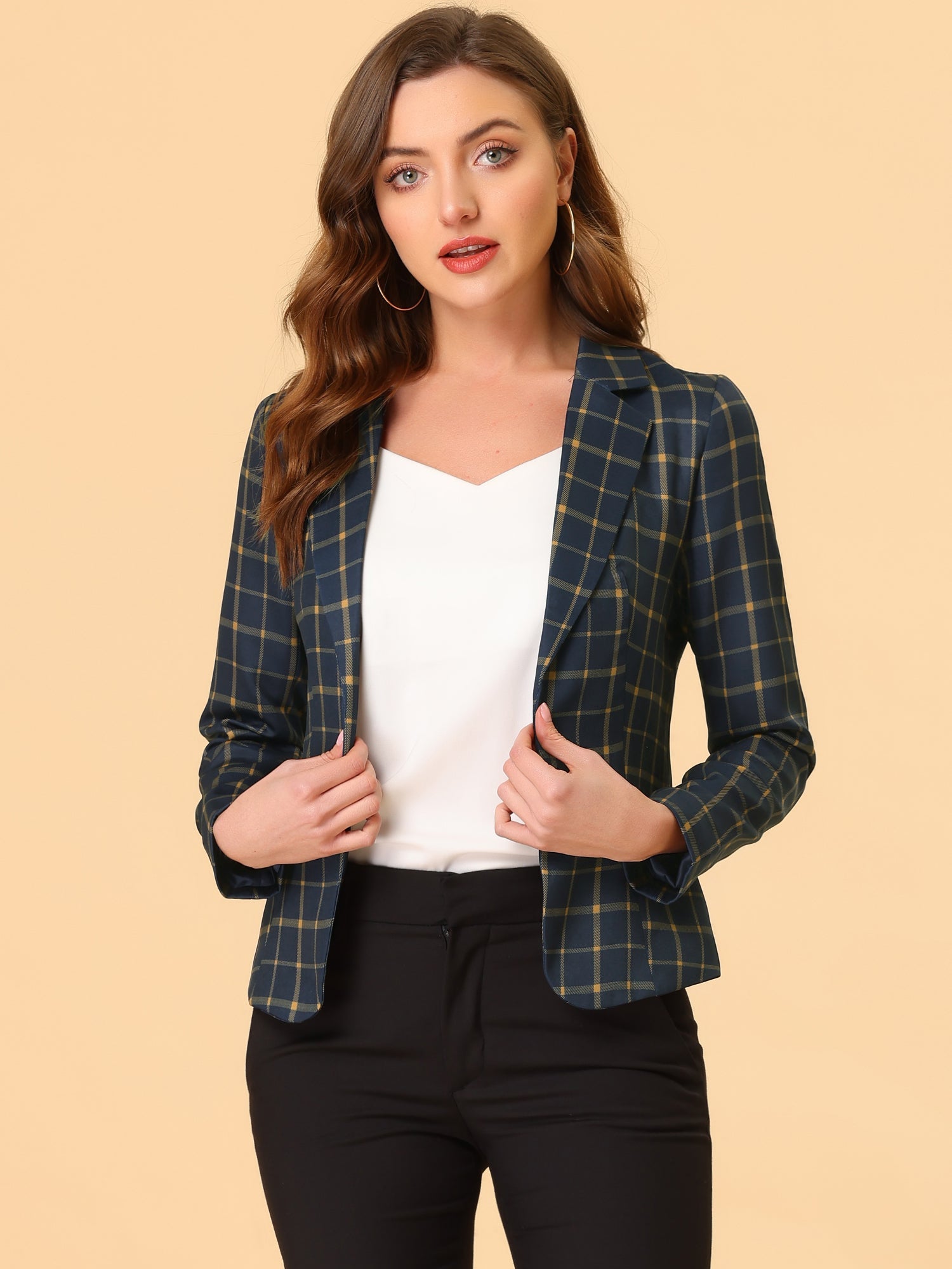 Business Casual Open Front Notch Lapel Plaid Suit Blazer