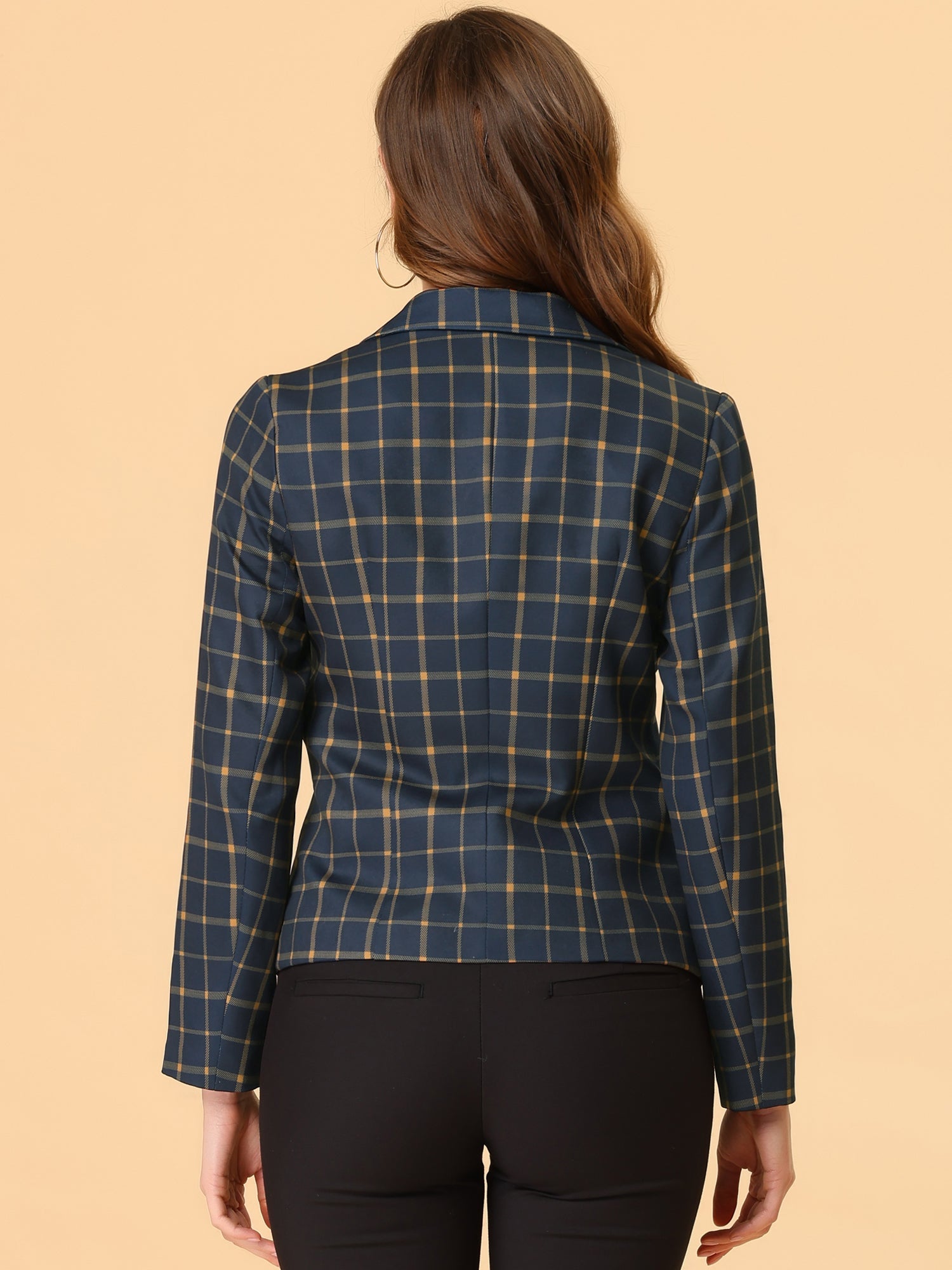 Business Casual Open Front Notch Lapel Plaid Suit Blazer