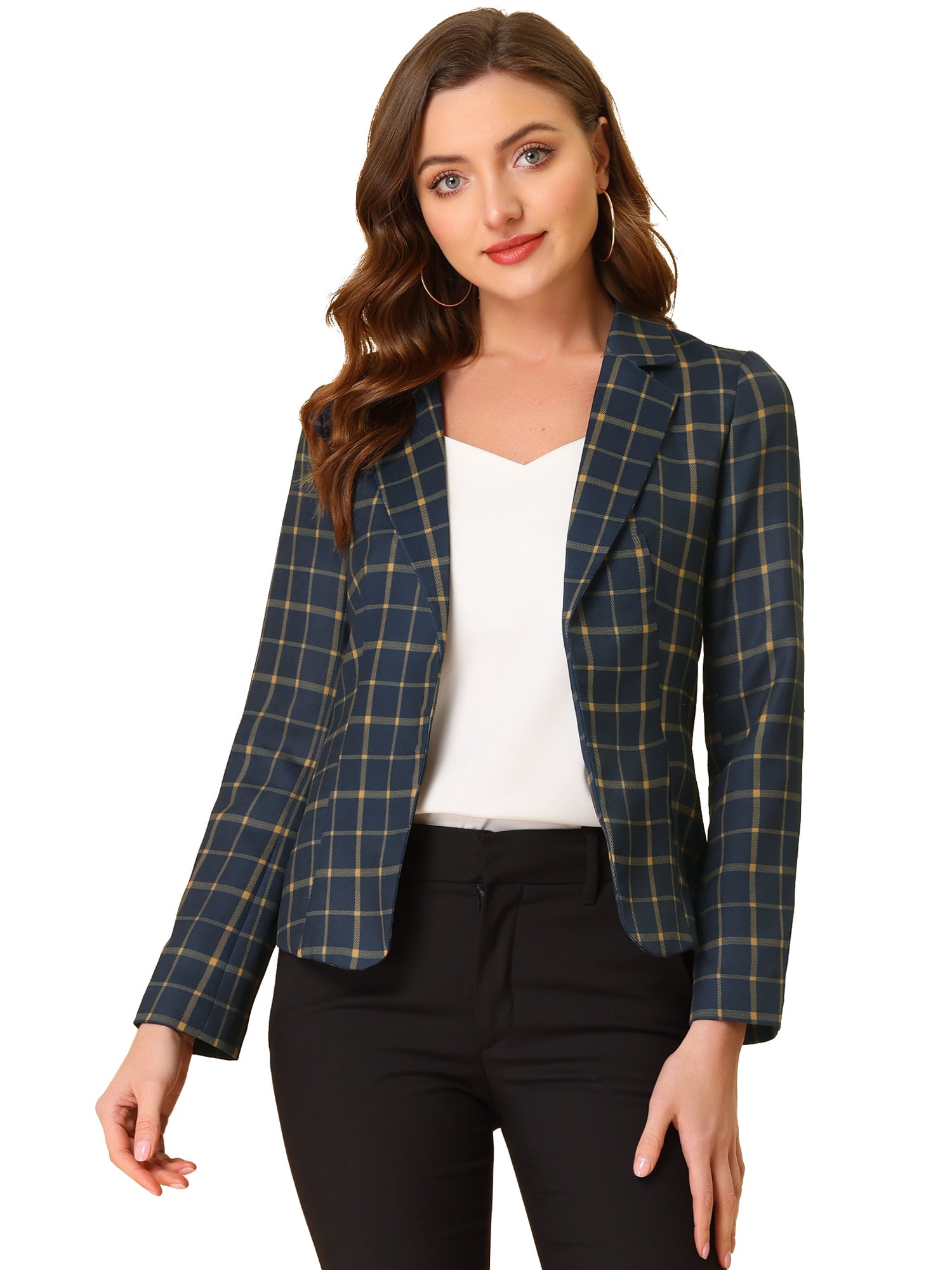 Business Casual Open Front Notch Lapel Plaid Suit Blazer