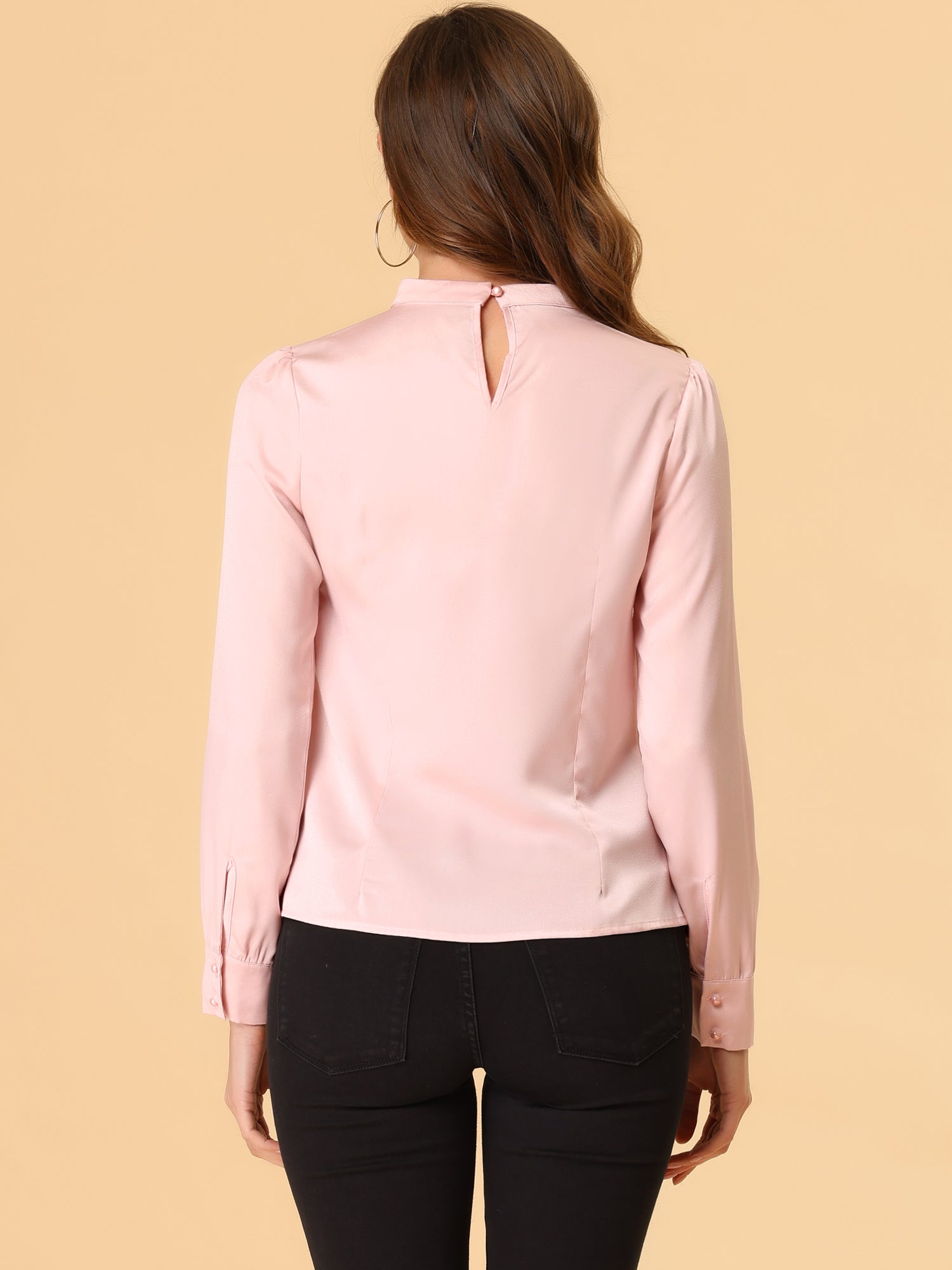 Satin Blouse Puff Sleeve Stand Collar Work Top