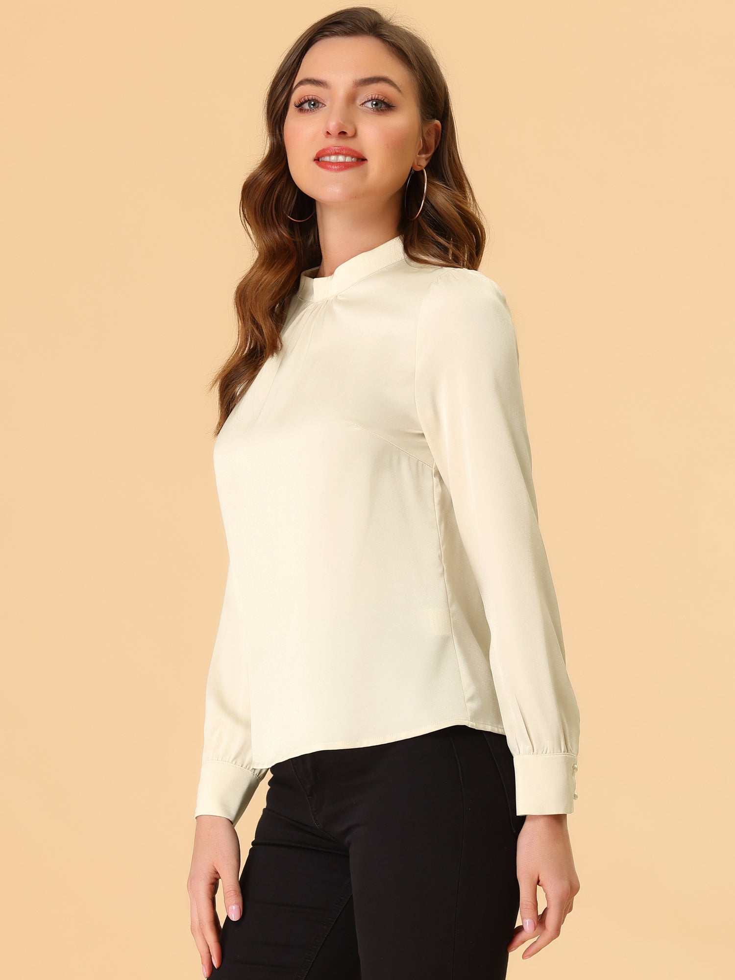 Satin Blouse Puff Sleeve Stand Collar Work Top
