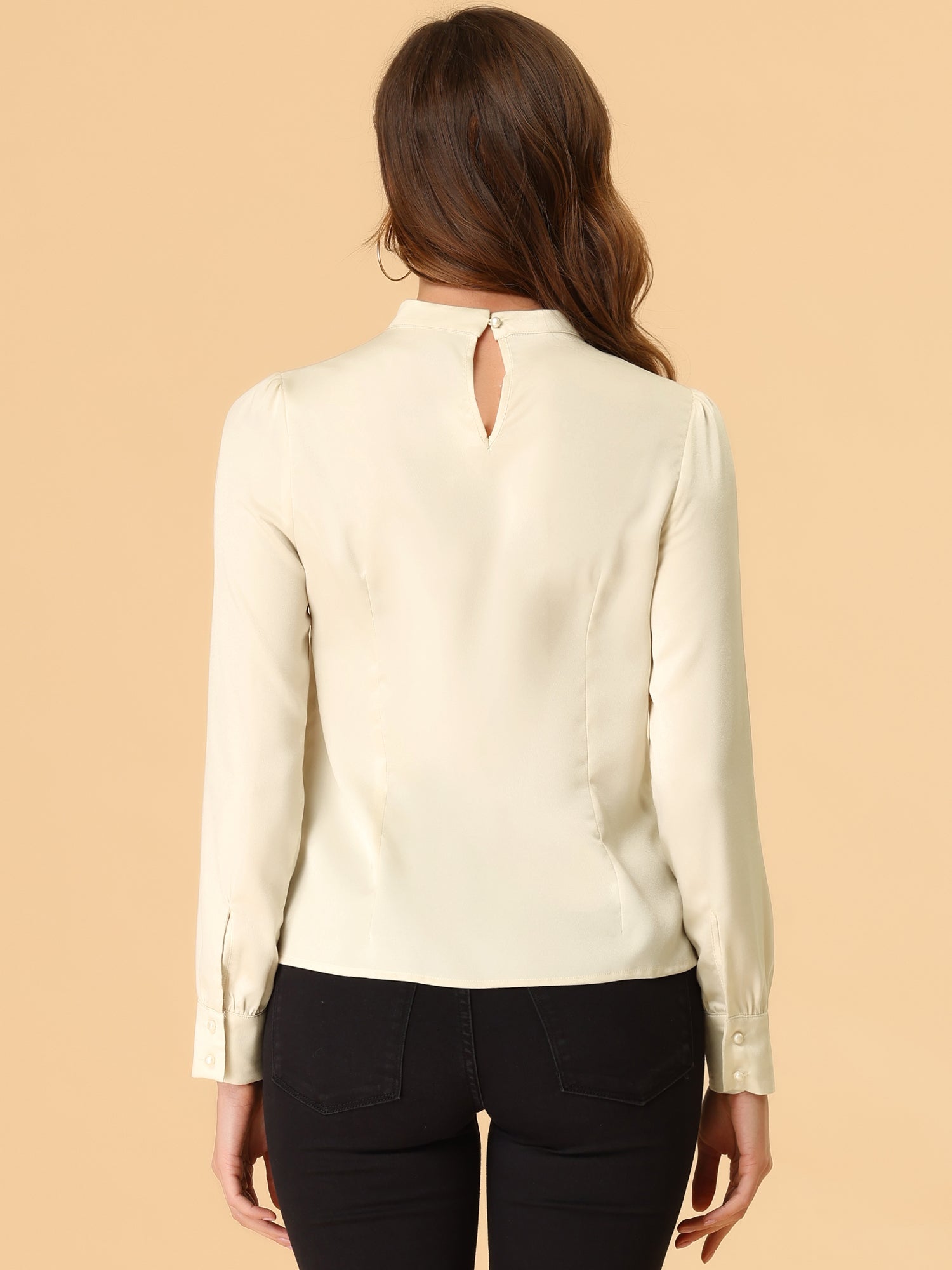 Satin Blouse Puff Sleeve Stand Collar Work Top