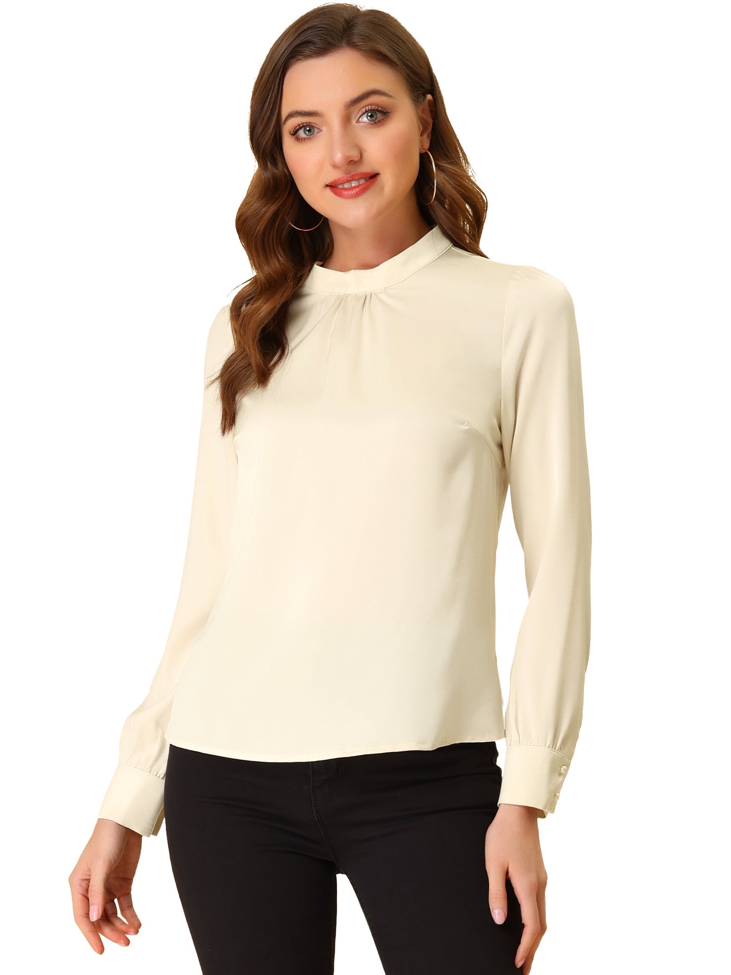 Satin Blouse Puff Sleeve Stand Collar Work Top