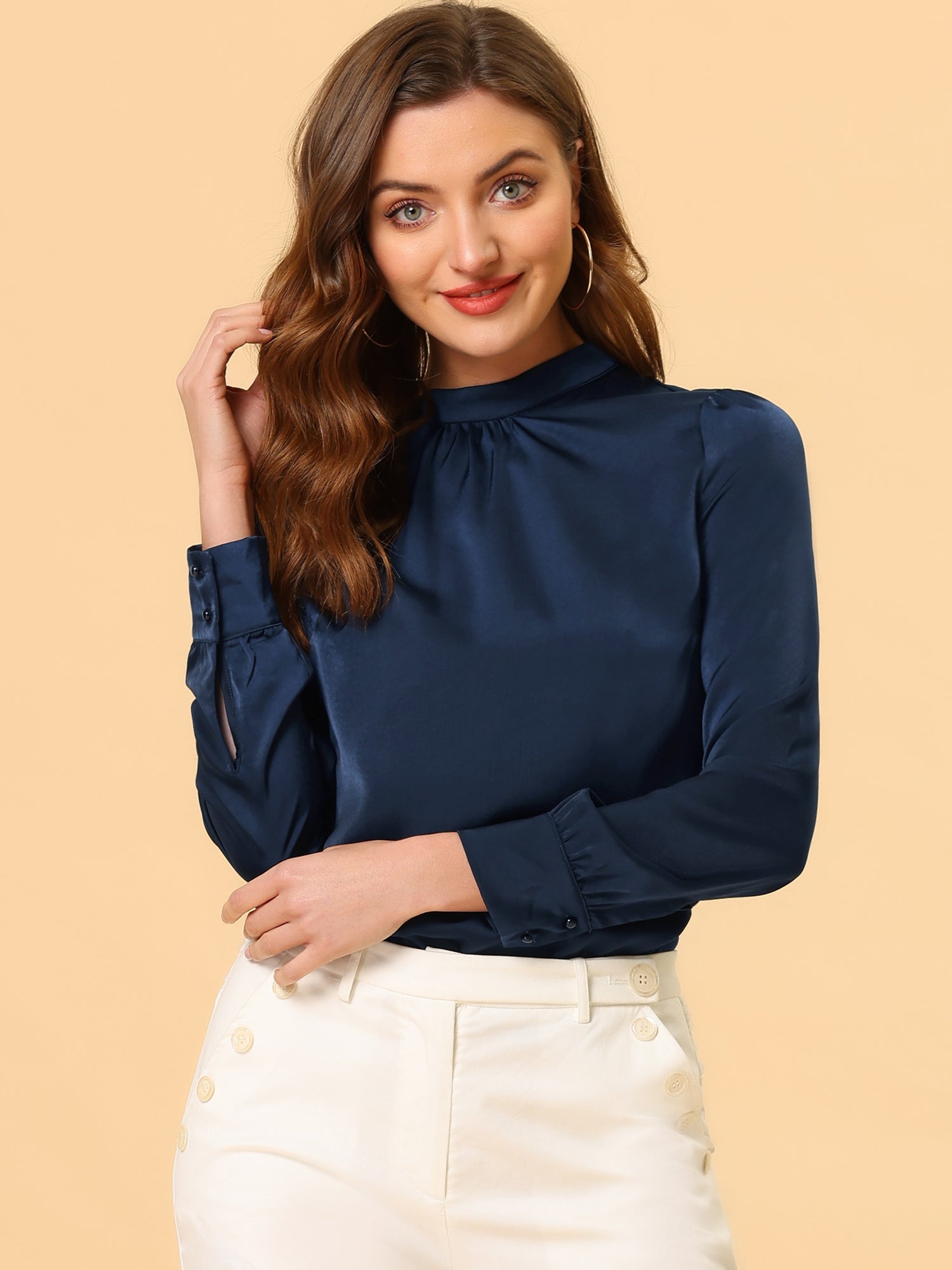 Satin Blouse Puff Sleeve Stand Collar Work Top