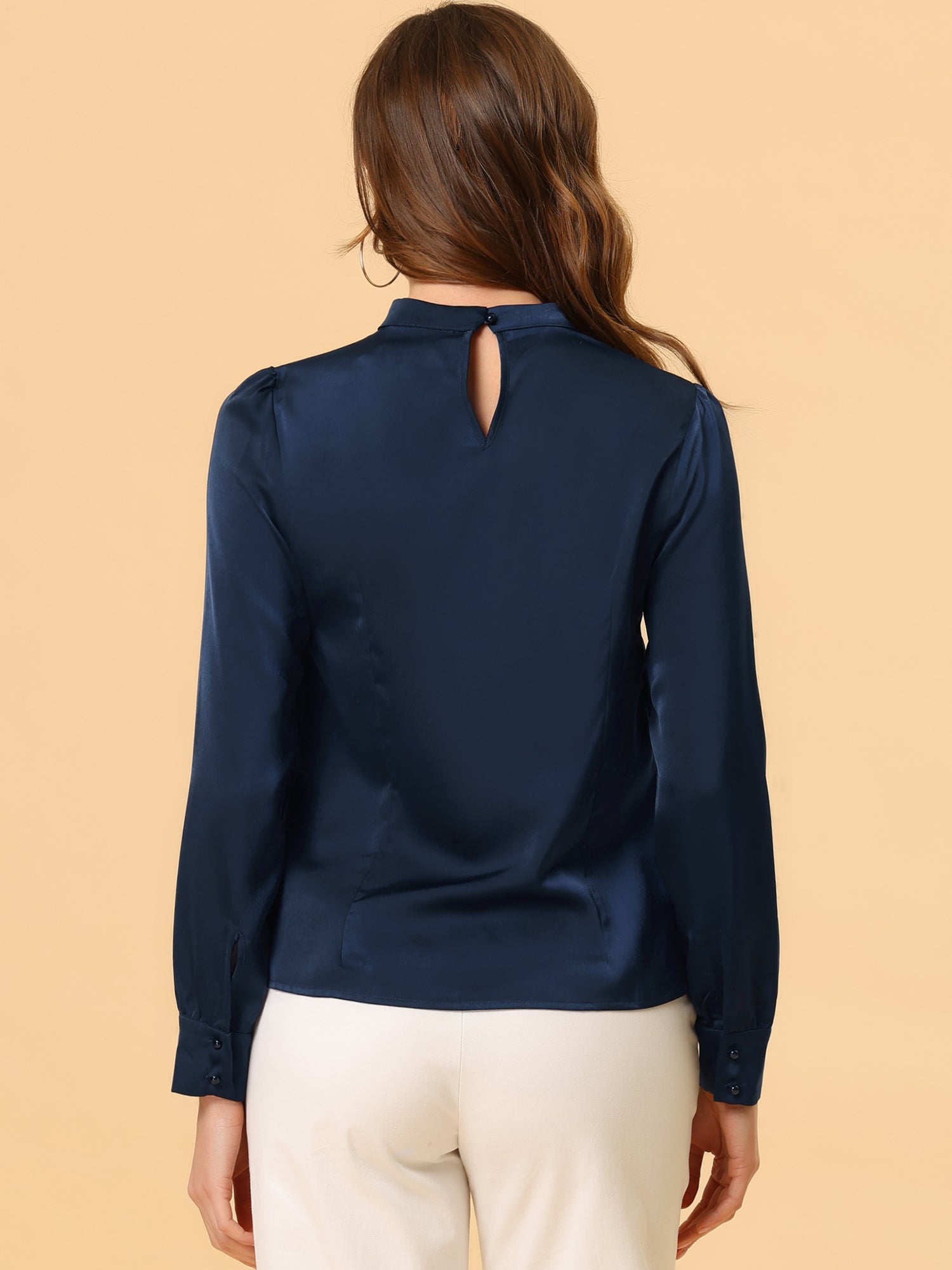 Satin Blouse Puff Sleeve Stand Collar Work Top