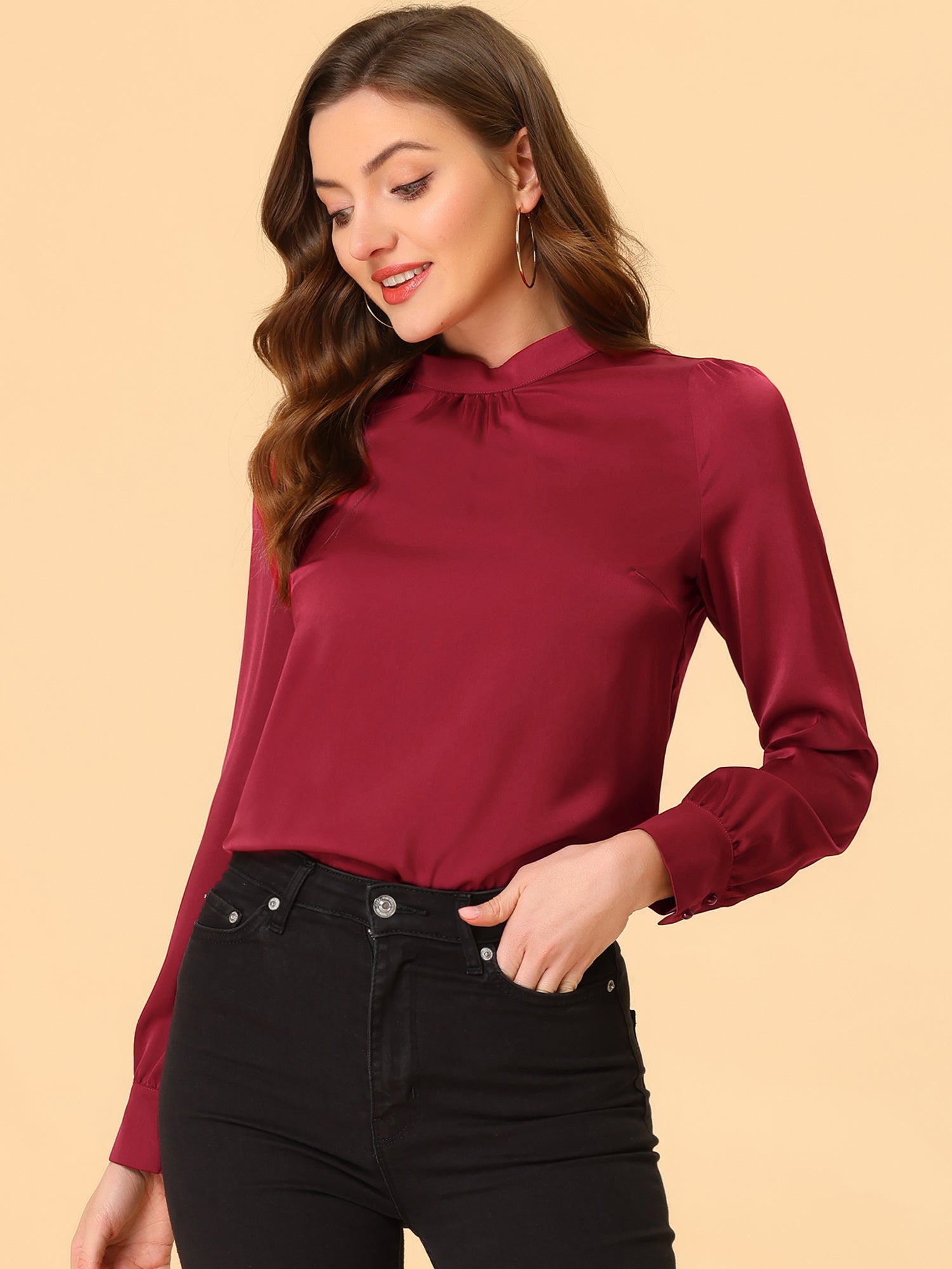 Satin Blouse Puff Sleeve Stand Collar Work Top