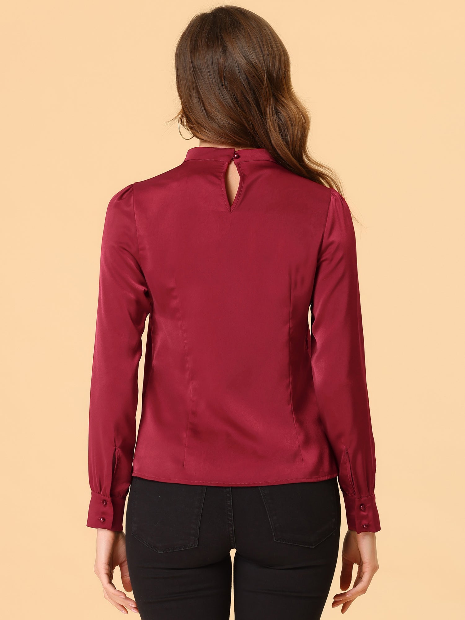 Satin Blouse Puff Sleeve Stand Collar Work Top