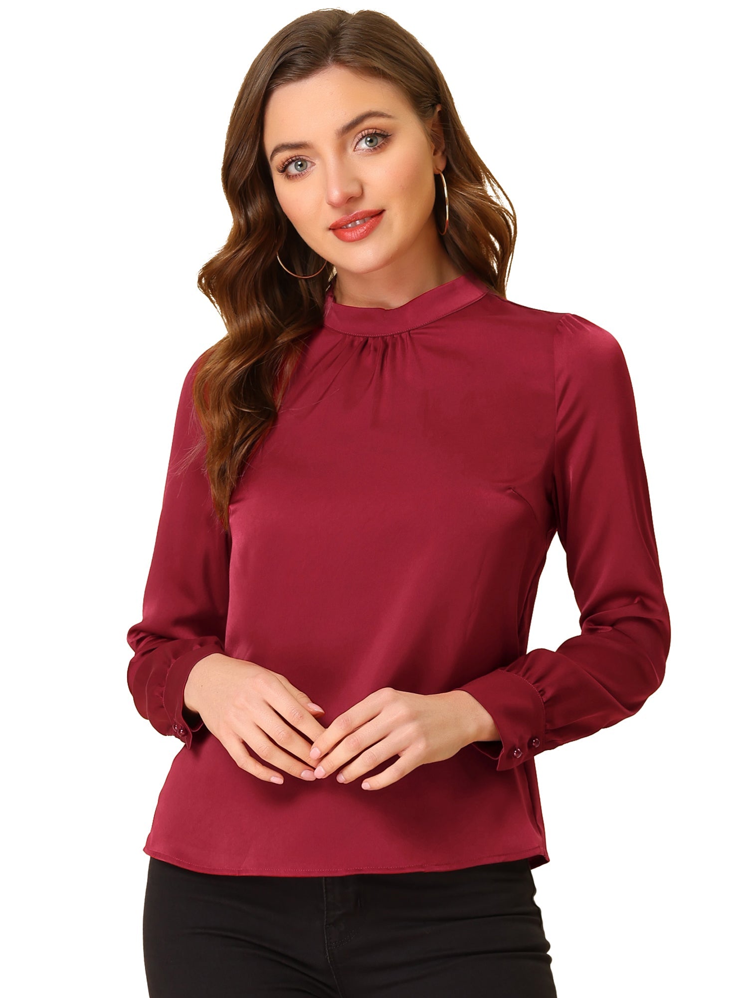 Satin Blouse Puff Sleeve Stand Collar Work Top