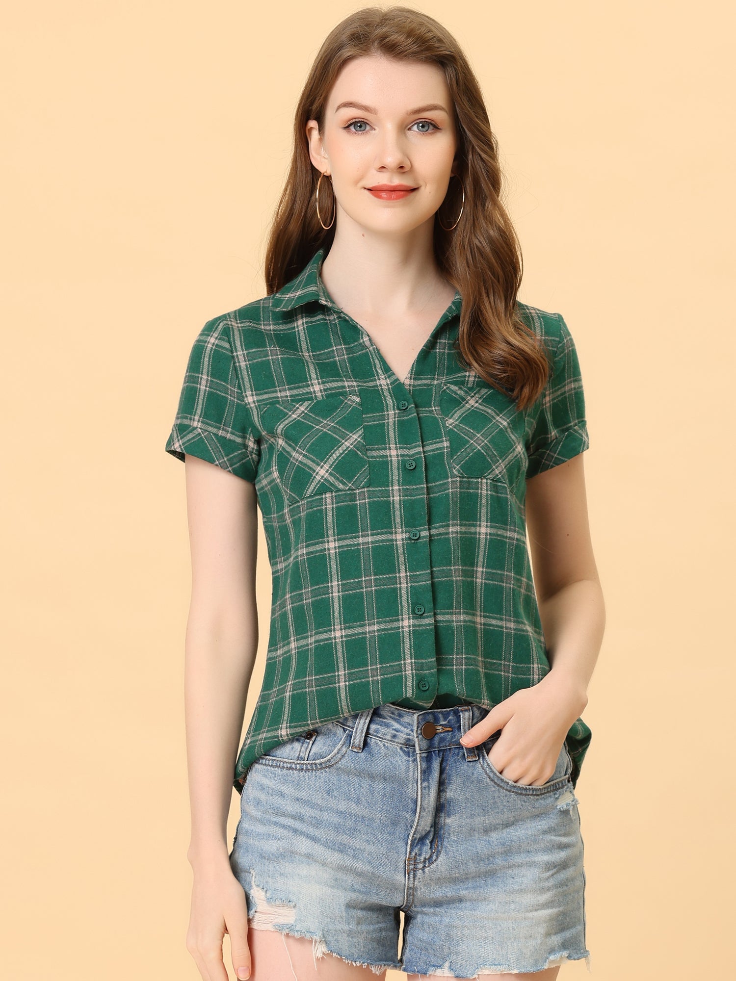 Cotton Classic Button Down Plaid Short Sleeve Shirt