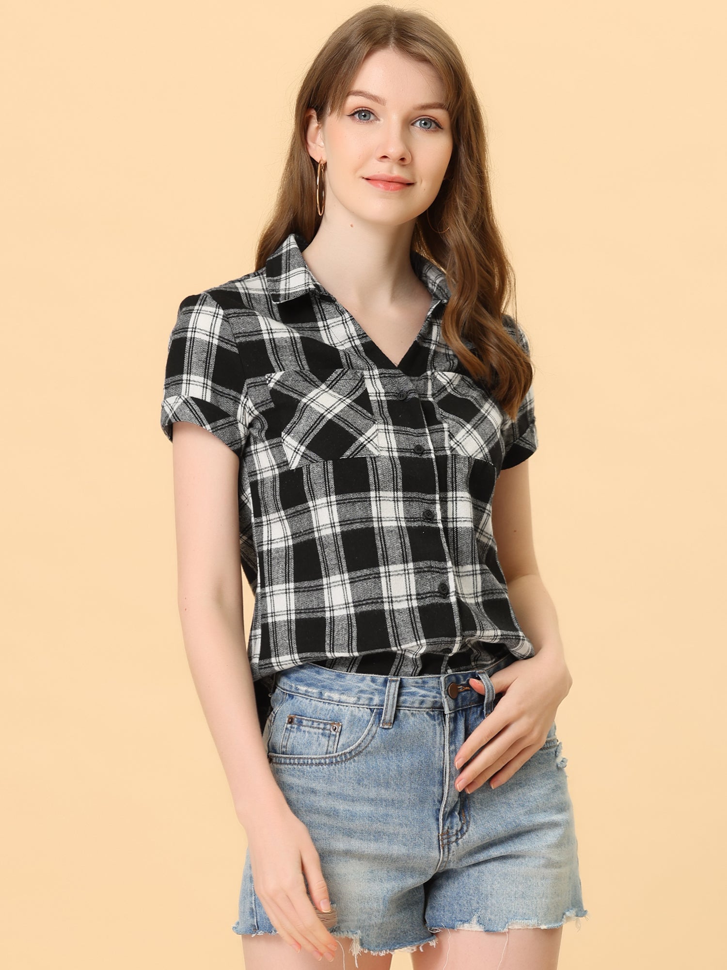 Cotton Classic Button Down Plaid Short Sleeve Shirt