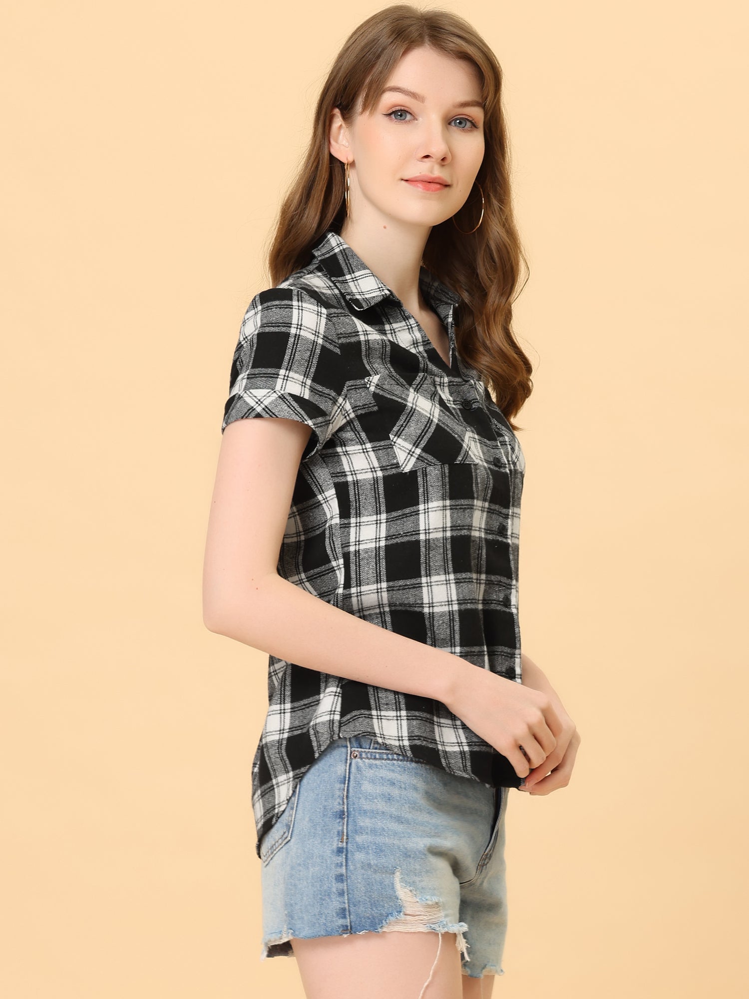 Cotton Classic Button Down Plaid Short Sleeve Shirt
