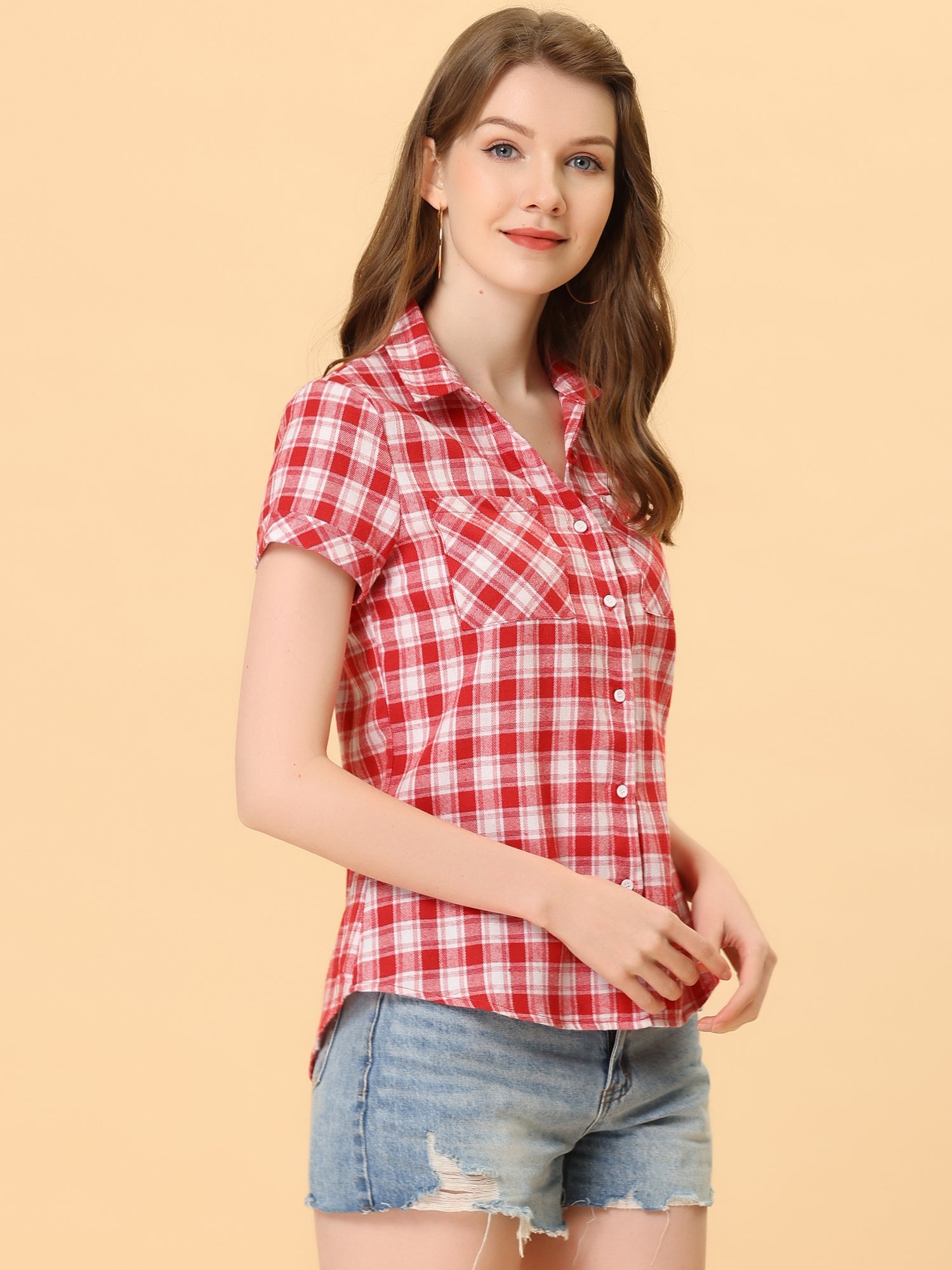Cotton Classic Button Down Plaid Short Sleeve Shirt