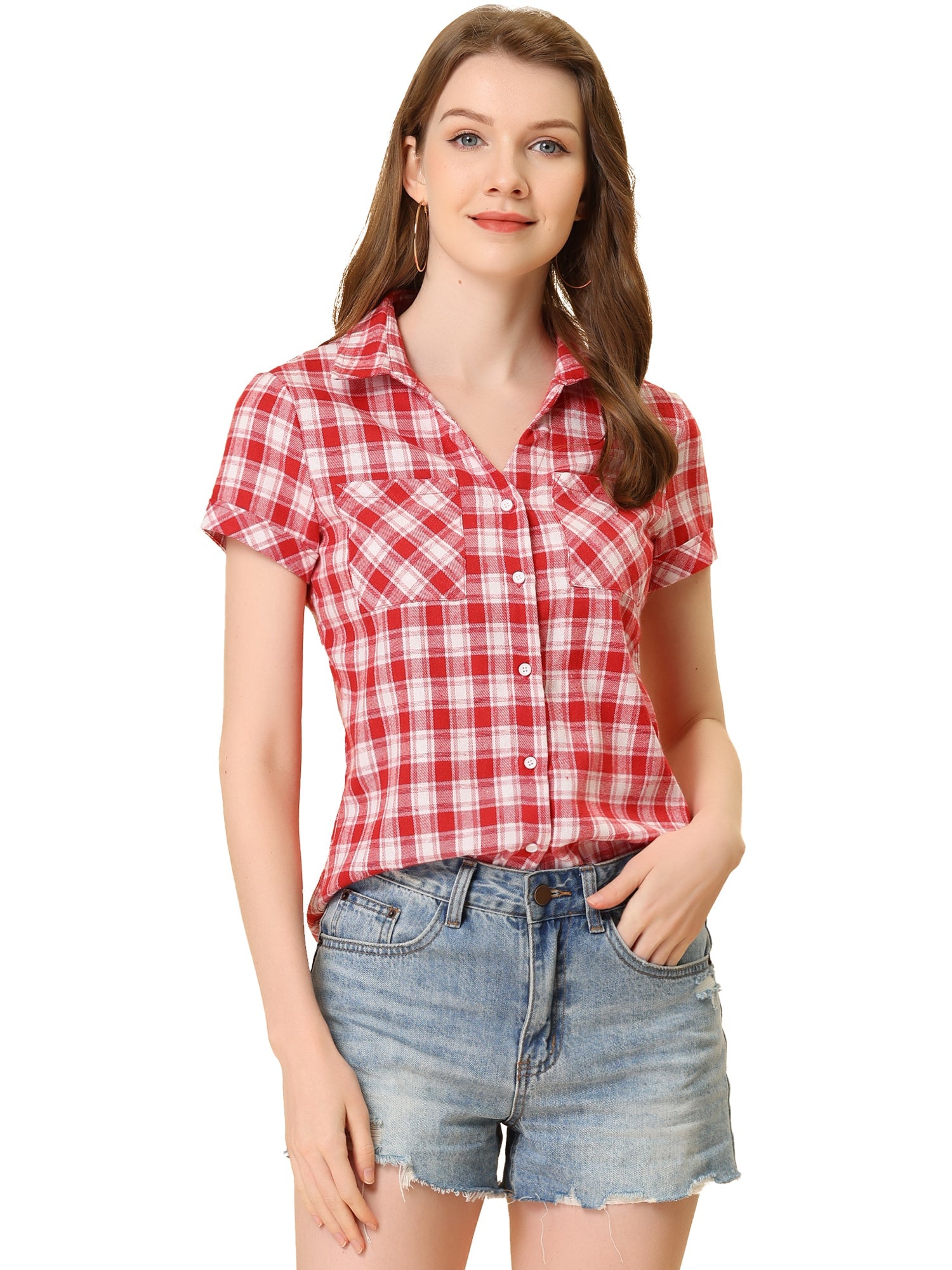 Cotton Classic Button Down Plaid Short Sleeve Shirt