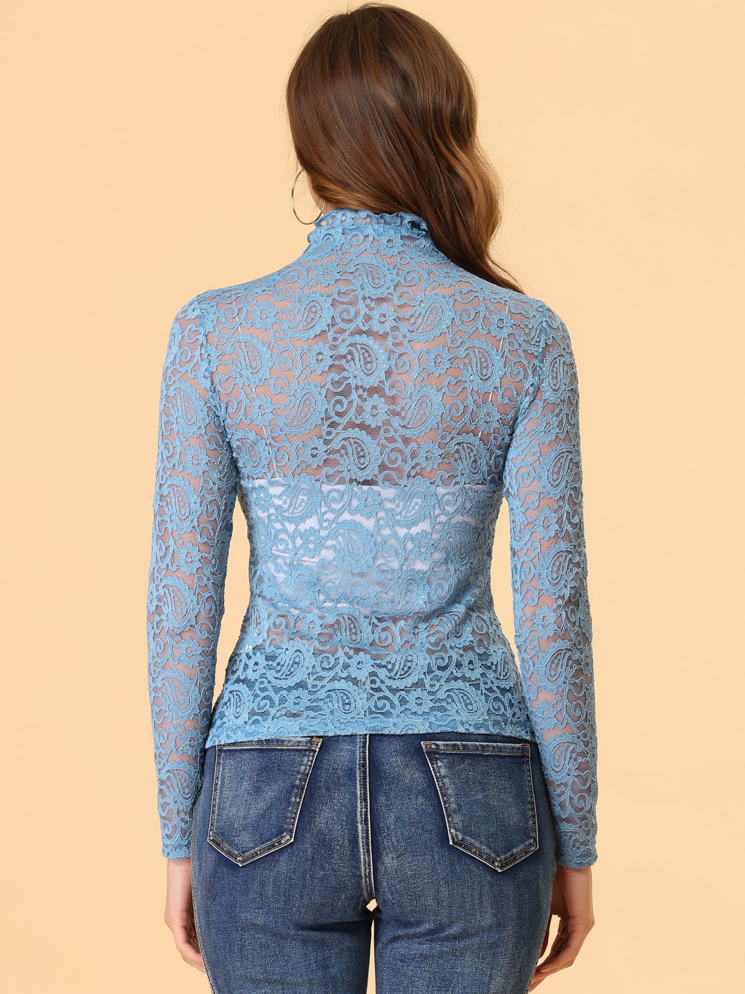 See Through Long Sleeve Turtleneck Sheer Floral Lace Blouse