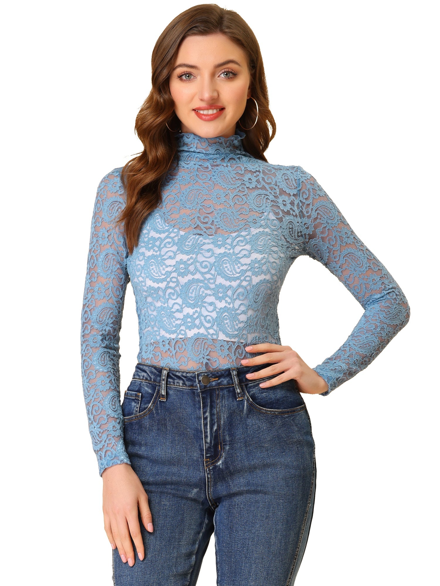 See Through Long Sleeve Turtleneck Sheer Floral Lace Blouse