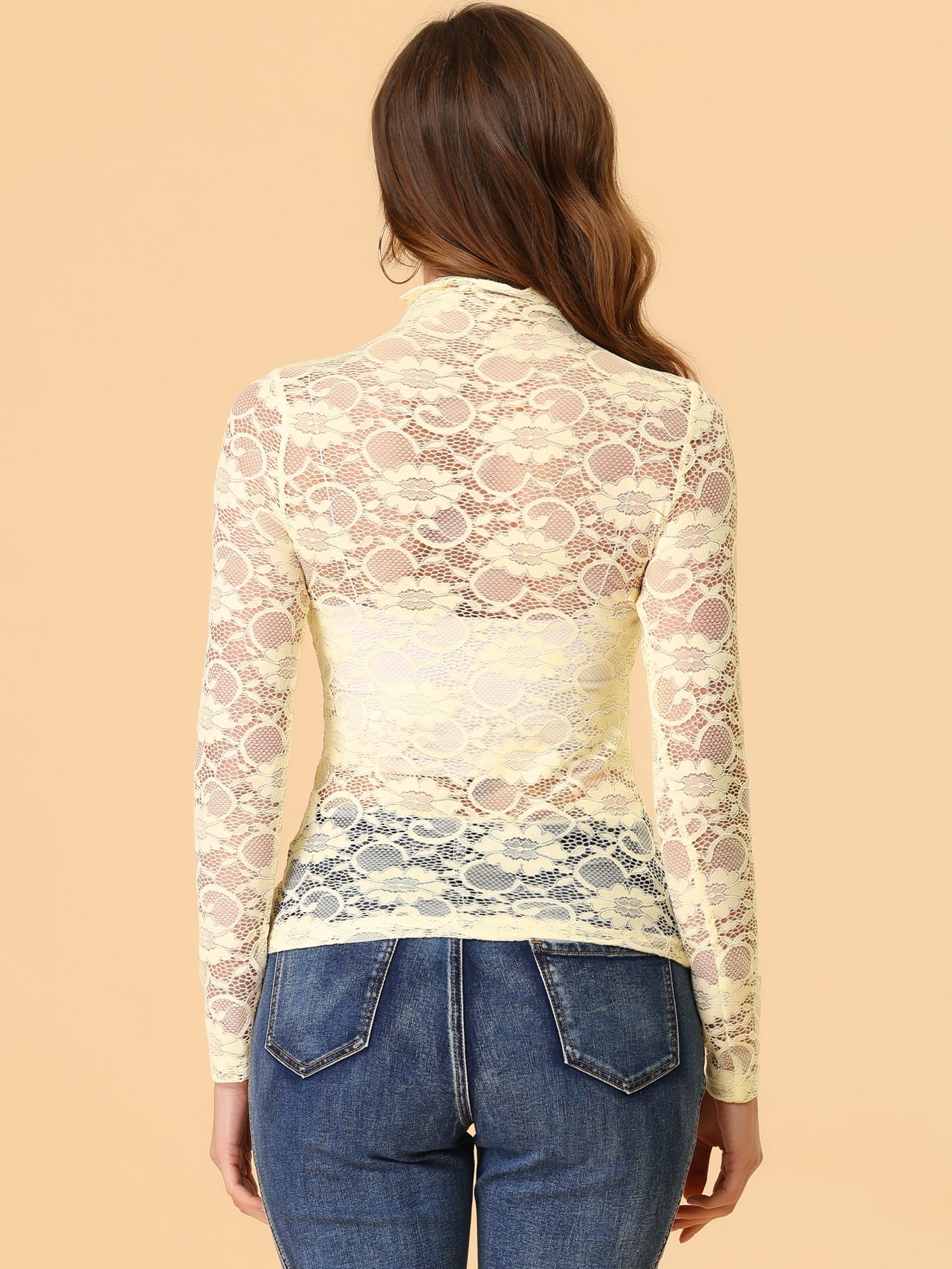 See Through Long Sleeve Turtleneck Sheer Floral Lace Blouse