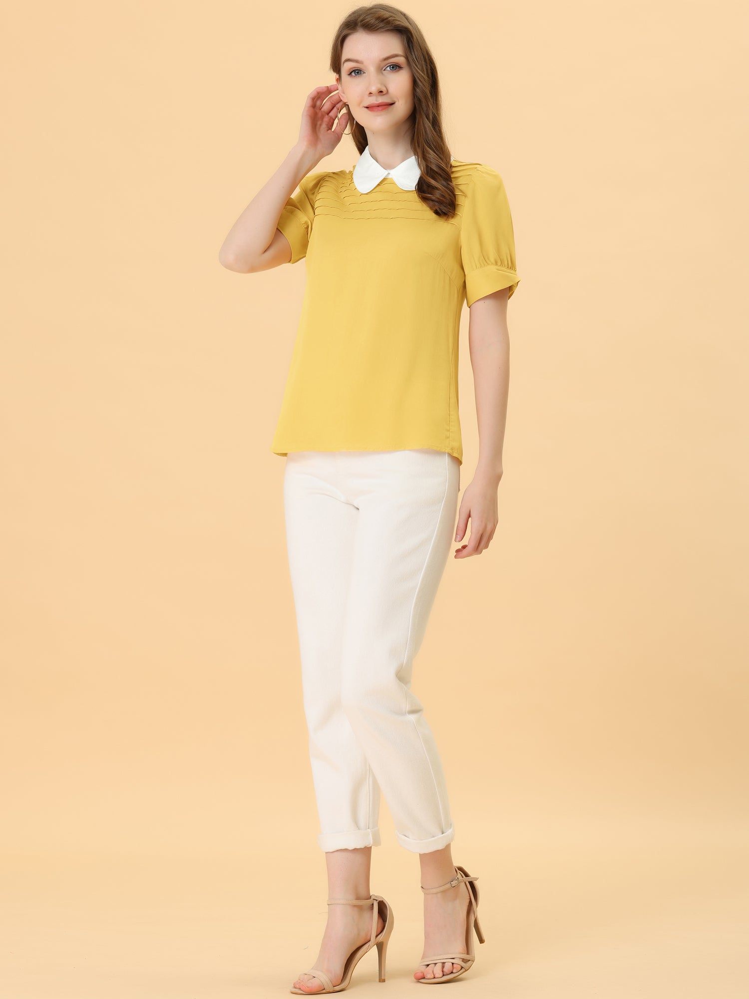 Pleated Contrast Peter Pan Collar Puff Short Sleeve Blouse