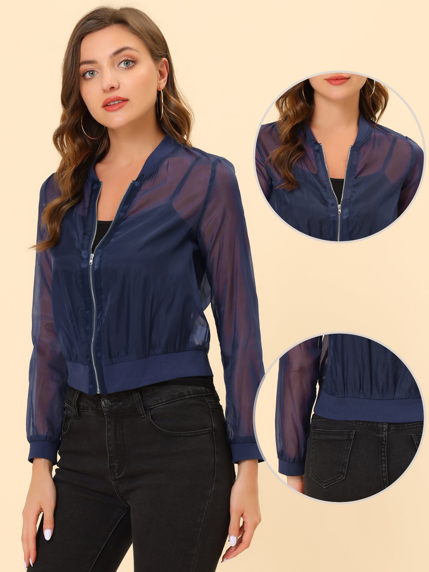 Zip Up See Through Lightweight Long Sleeve Mesh Bomber Jacket