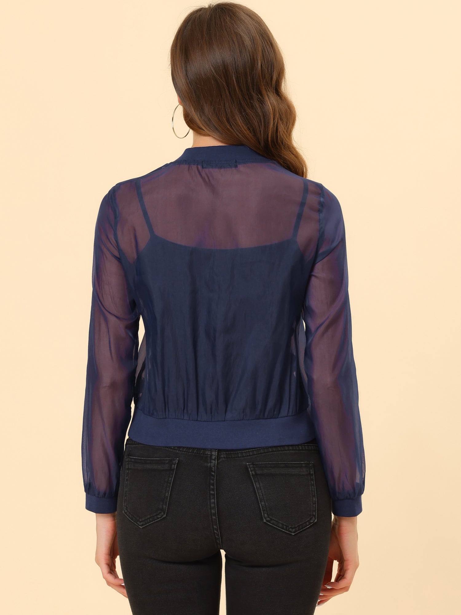 Zip Up See Through Lightweight Long Sleeve Mesh Bomber Jacket