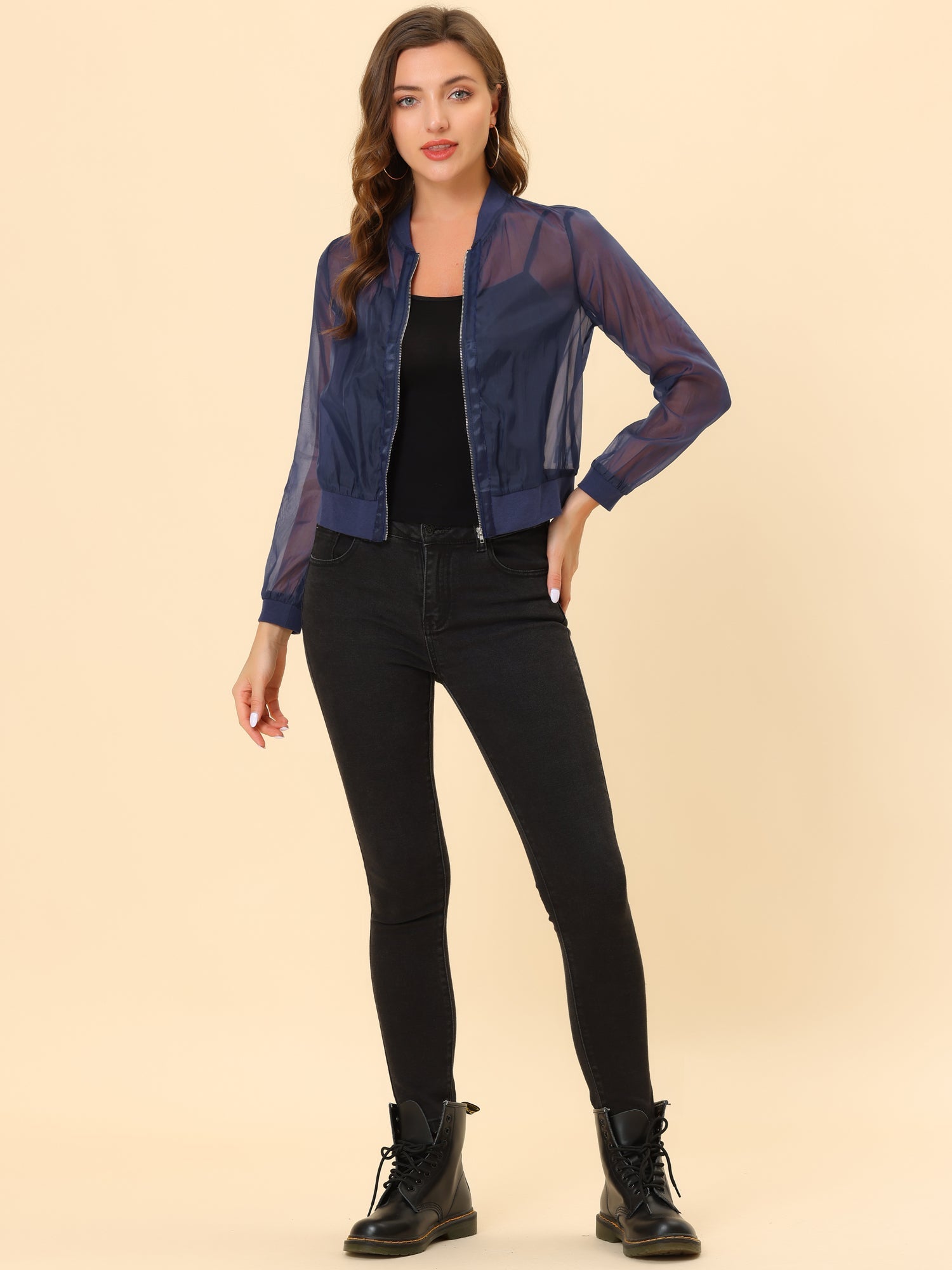 Zip Up See Through Lightweight Long Sleeve Mesh Bomber Jacket