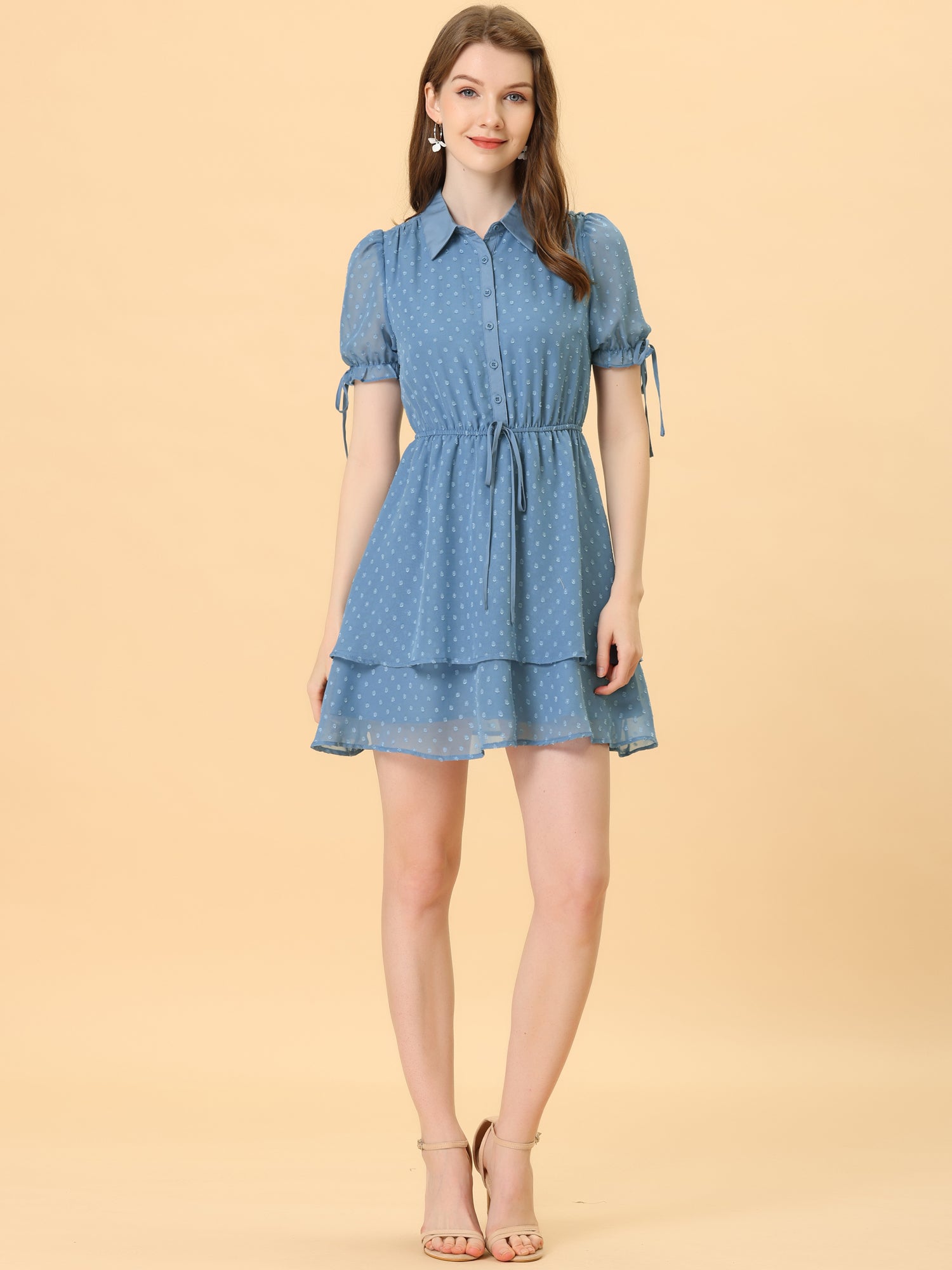Peter Pan Collar Floral Drawstring Chiffon Layered Dress