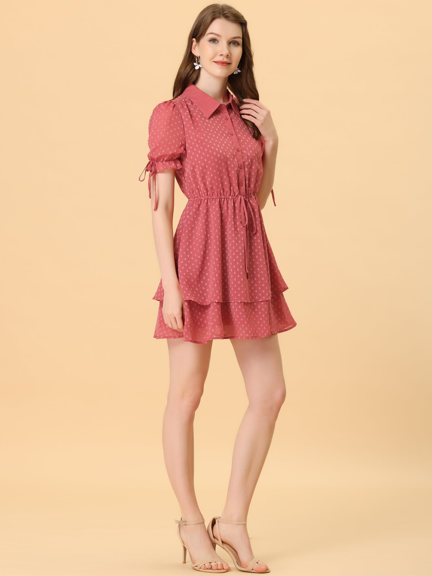 Peter Pan Collar Floral Drawstring Chiffon Layered Dress