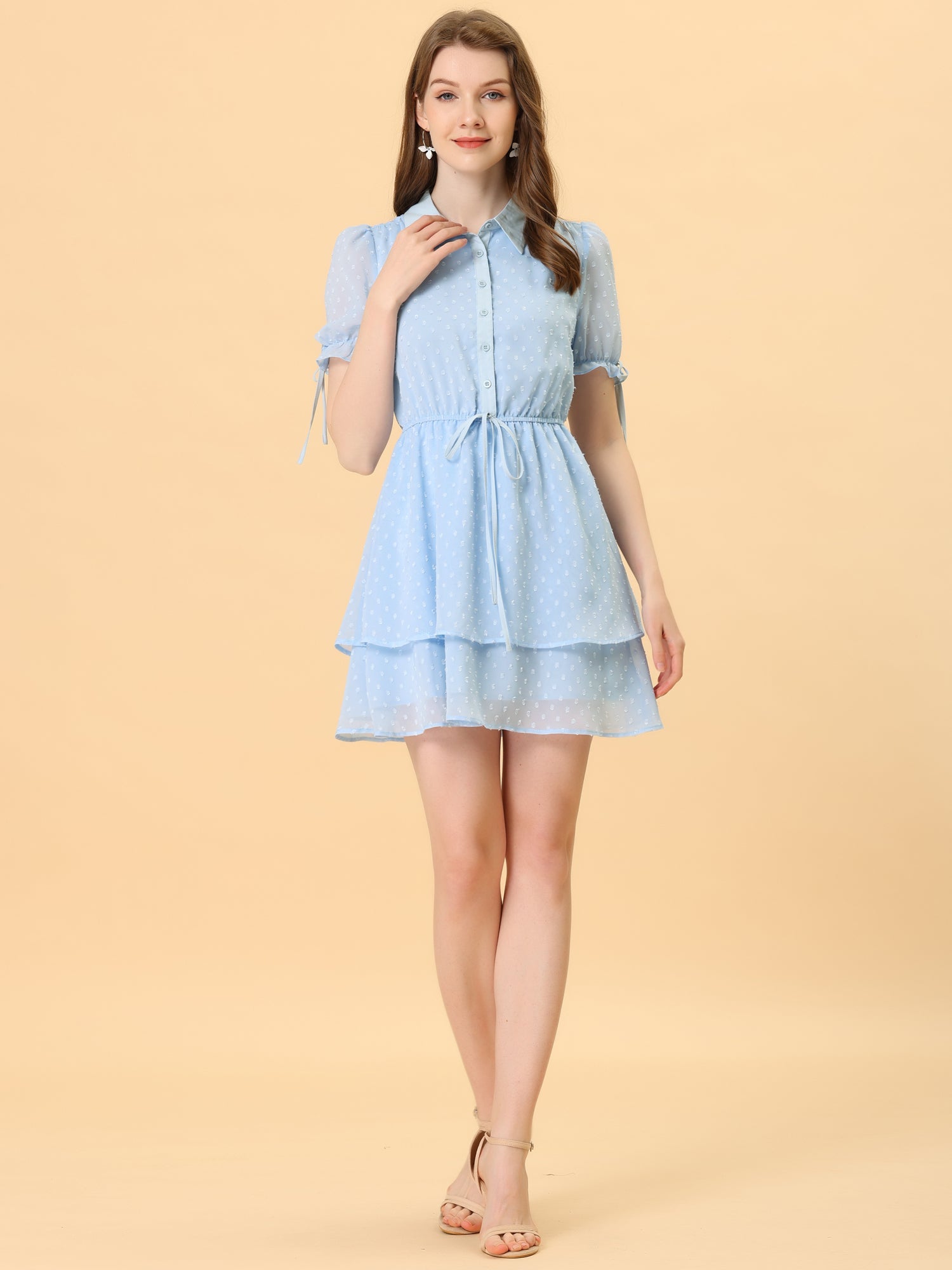 Peter Pan Collar Floral Drawstring Chiffon Layered Dress