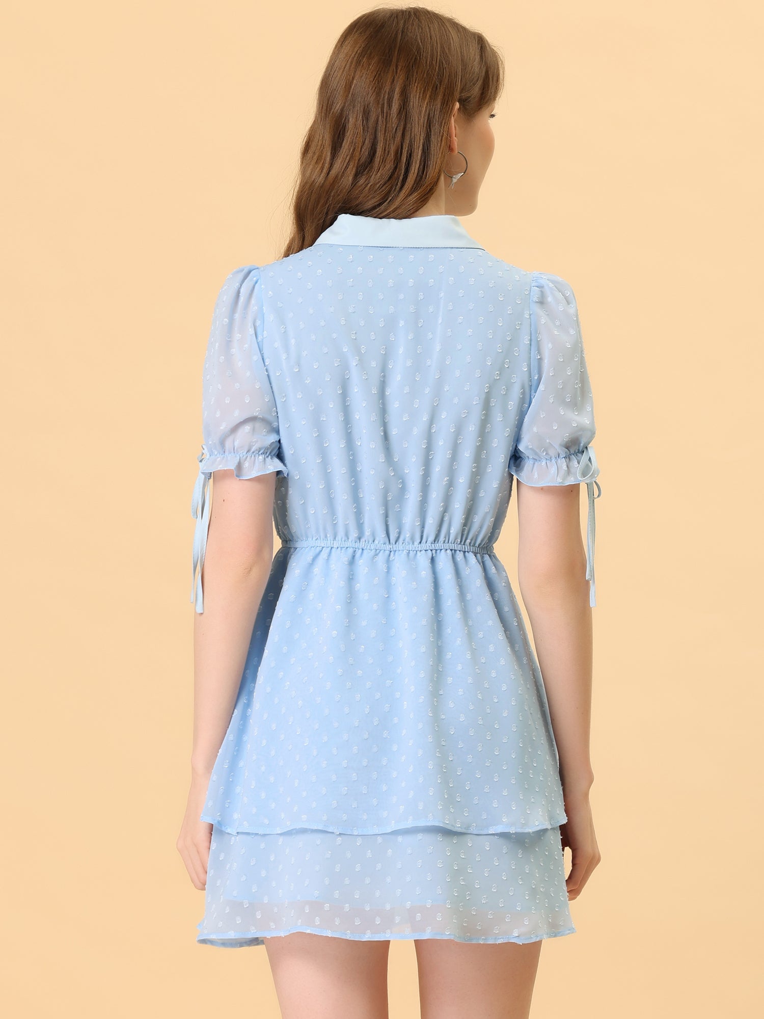 Peter Pan Collar Floral Drawstring Chiffon Layered Dress