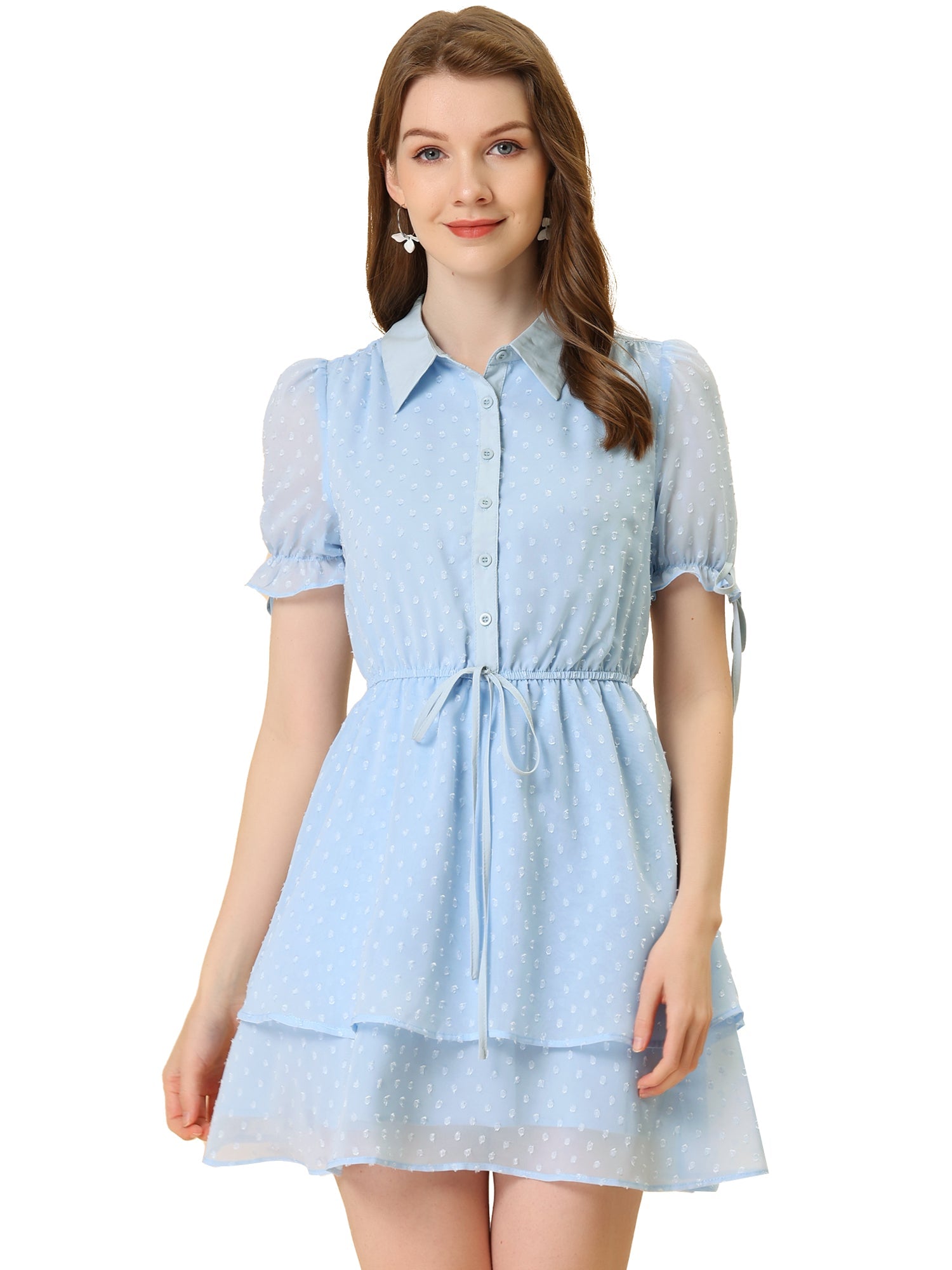 Peter Pan Collar Floral Drawstring Chiffon Layered Dress