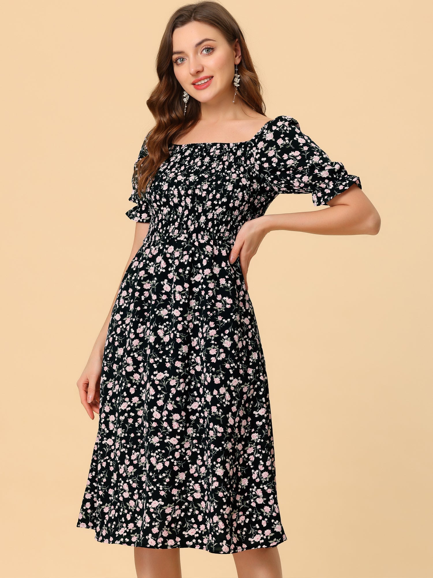 Square Neck Puff Sleeve Shirred Floral Casual Midi Dress