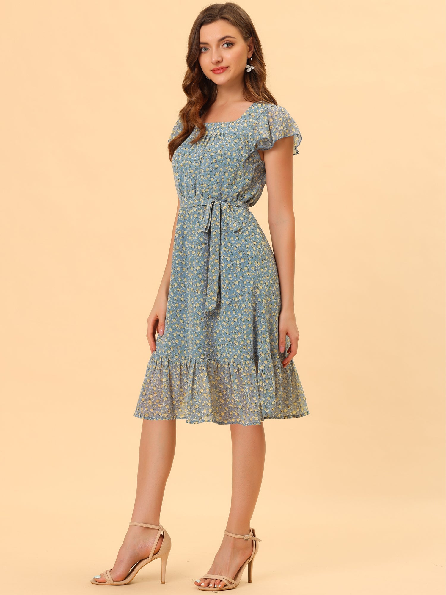Floral Chiffon Flutter Sleeve Belted Square Neck Ruffled Hem Dress
