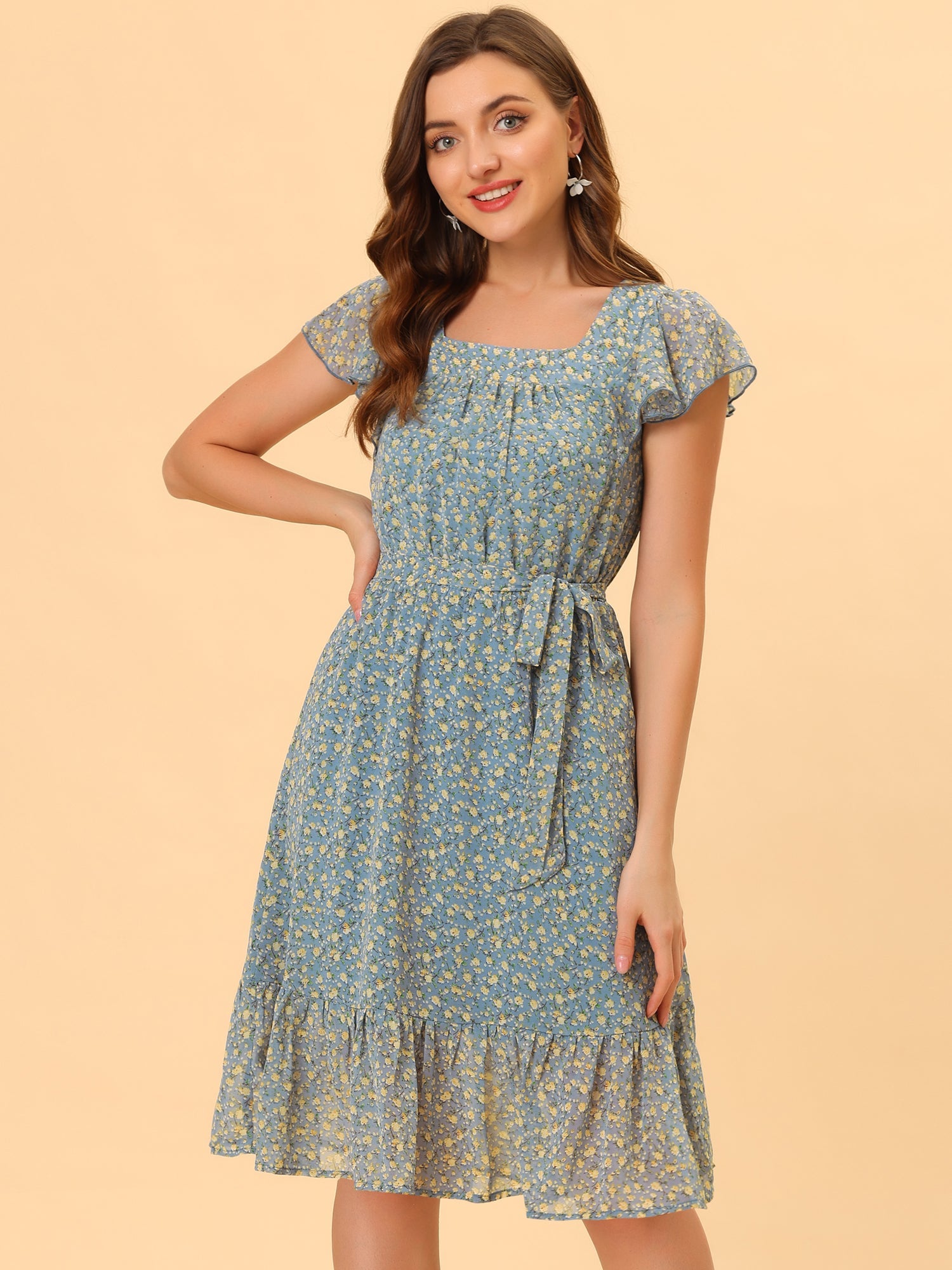 Floral Chiffon Flutter Sleeve Belted Square Neck Ruffled Hem Dress