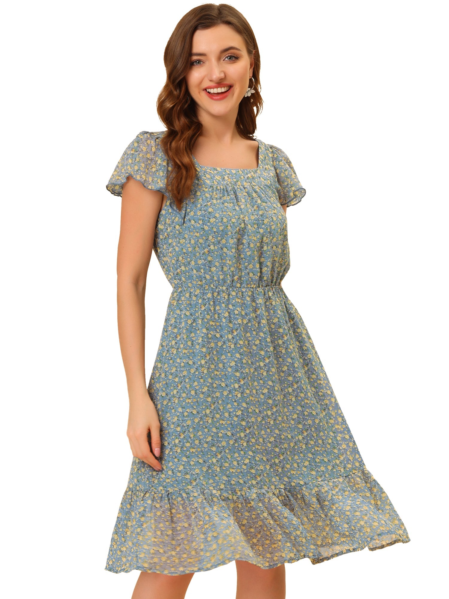 Floral Chiffon Flutter Sleeve Belted Square Neck Ruffled Hem Dress