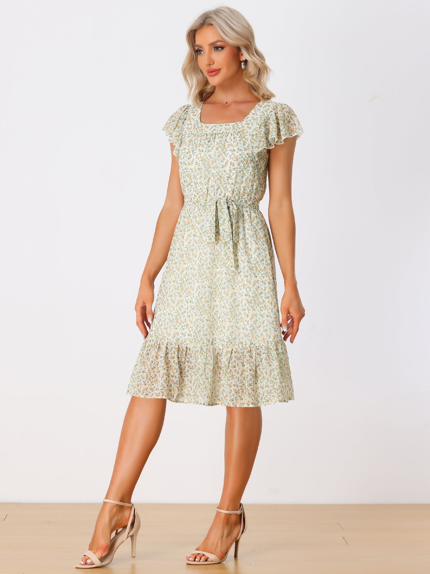 Floral Chiffon Flutter Sleeve Belted Square Neck Ruffled Hem Dress