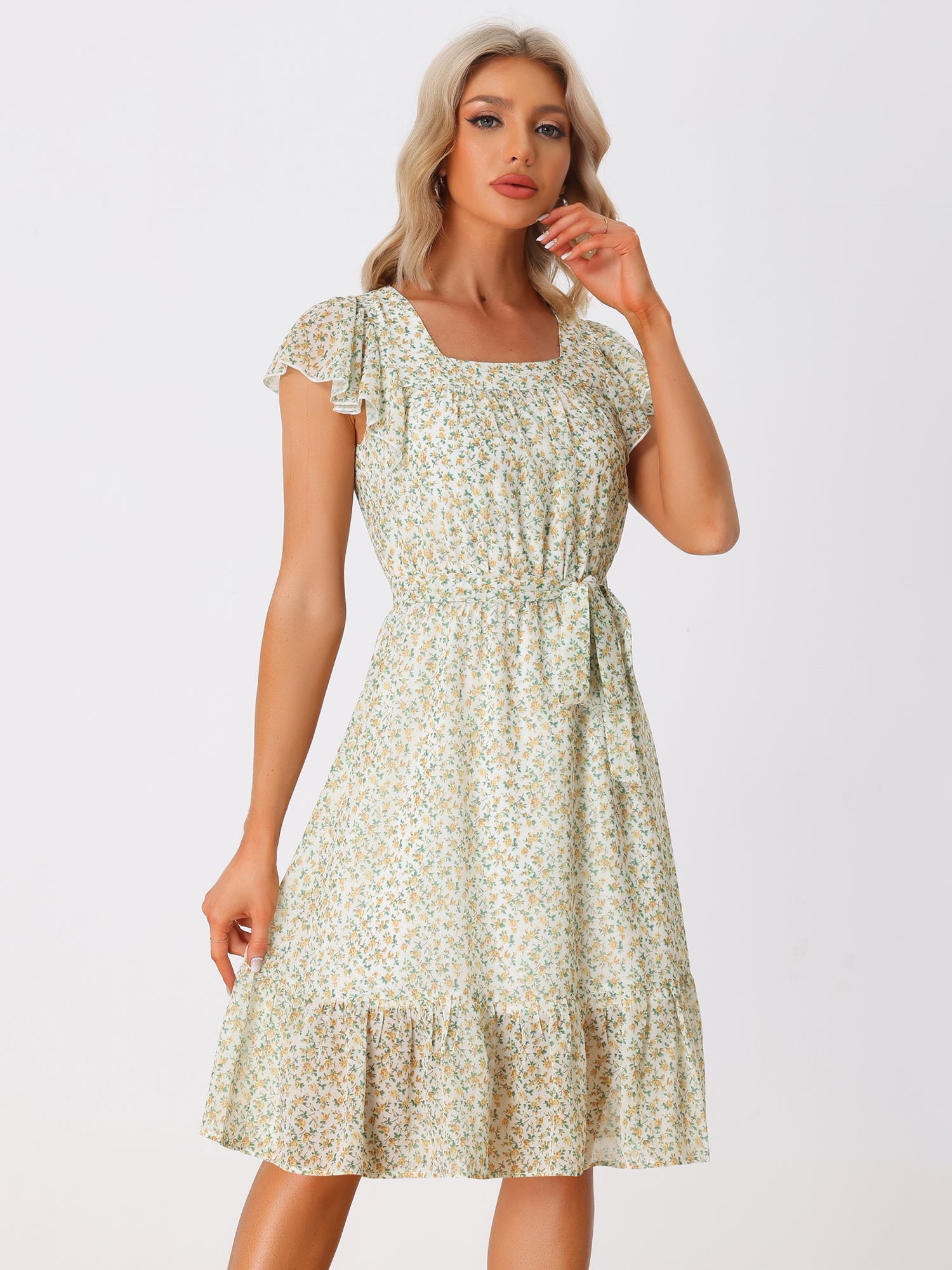 Floral Chiffon Flutter Sleeve Belted Square Neck Ruffled Hem Dress