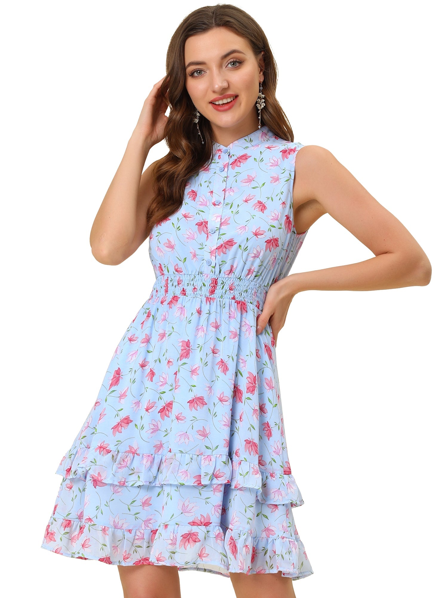 Floral A-line Smocked Waist Tiered Ruffled Chiffon Mini Dress