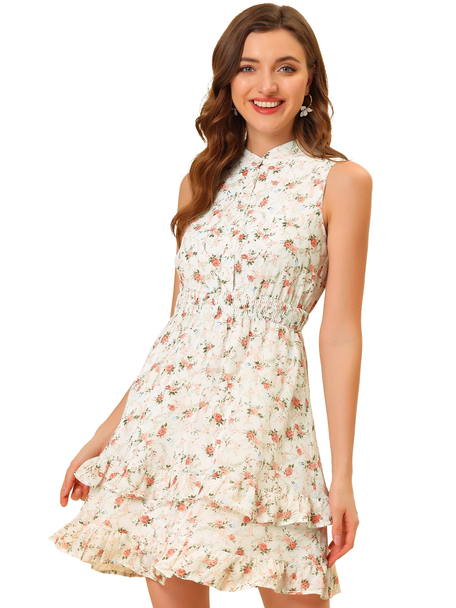 Floral A-line Smocked Waist Tiered Ruffled Chiffon Mini Dress