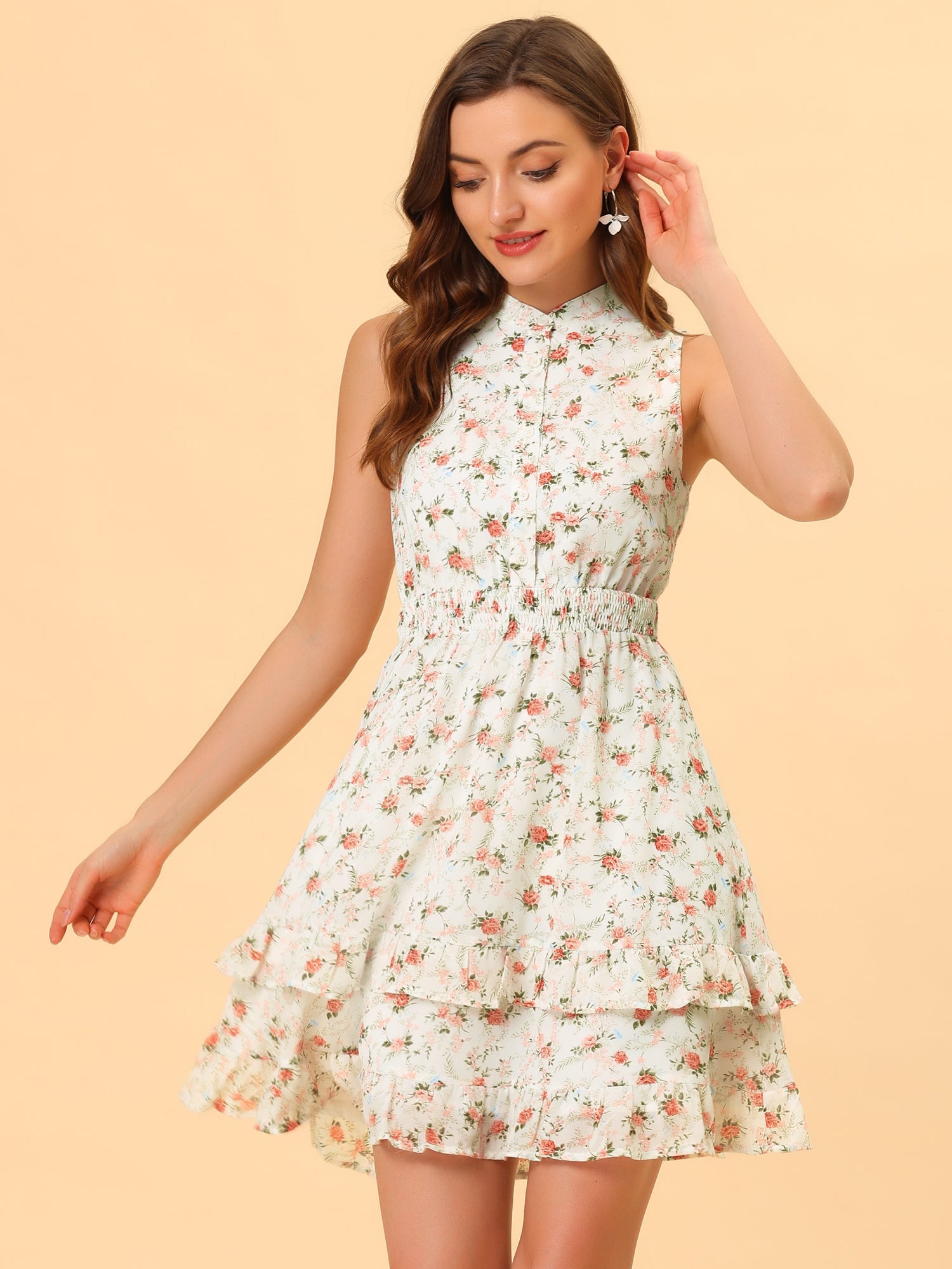 Floral A-line Smocked Waist Tiered Ruffled Chiffon Mini Dress