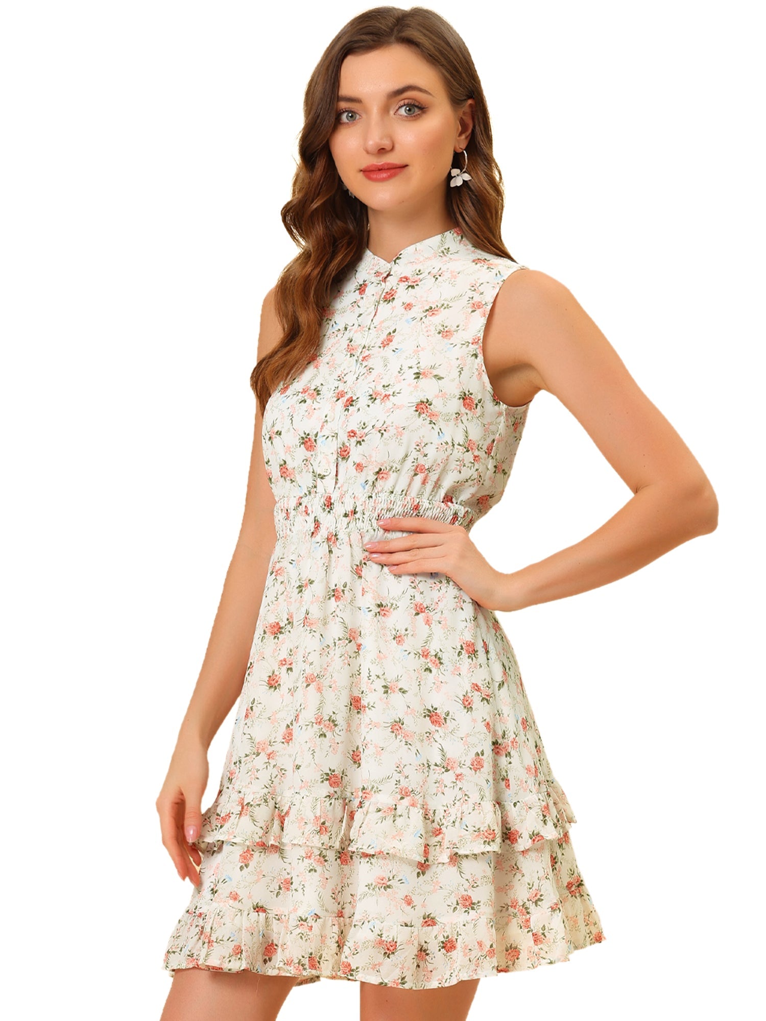 Floral A-line Smocked Waist Tiered Ruffled Chiffon Mini Dress
