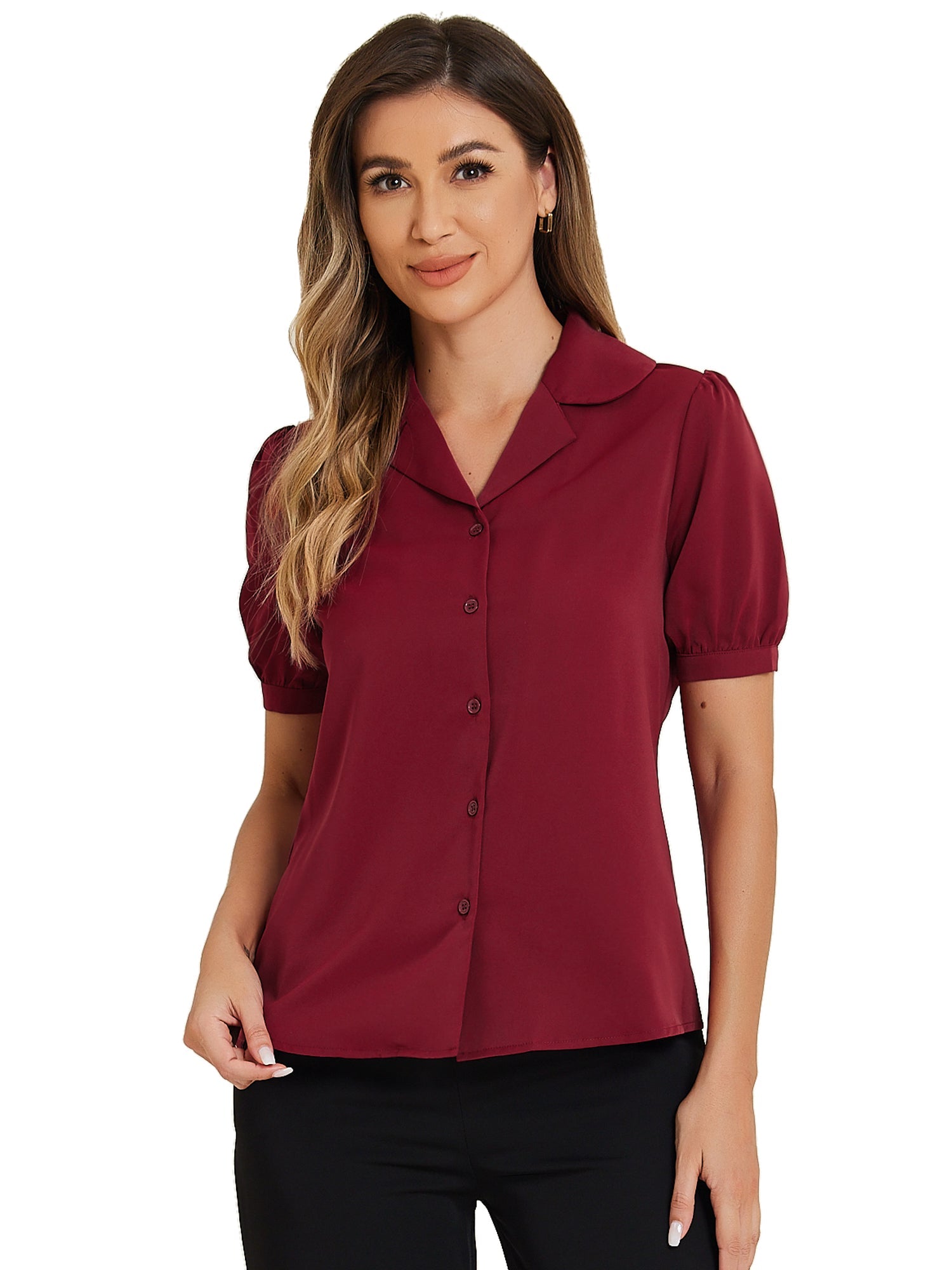 Summer Work Lapel Collar Blouse Short Sleeve Button Down Shirt