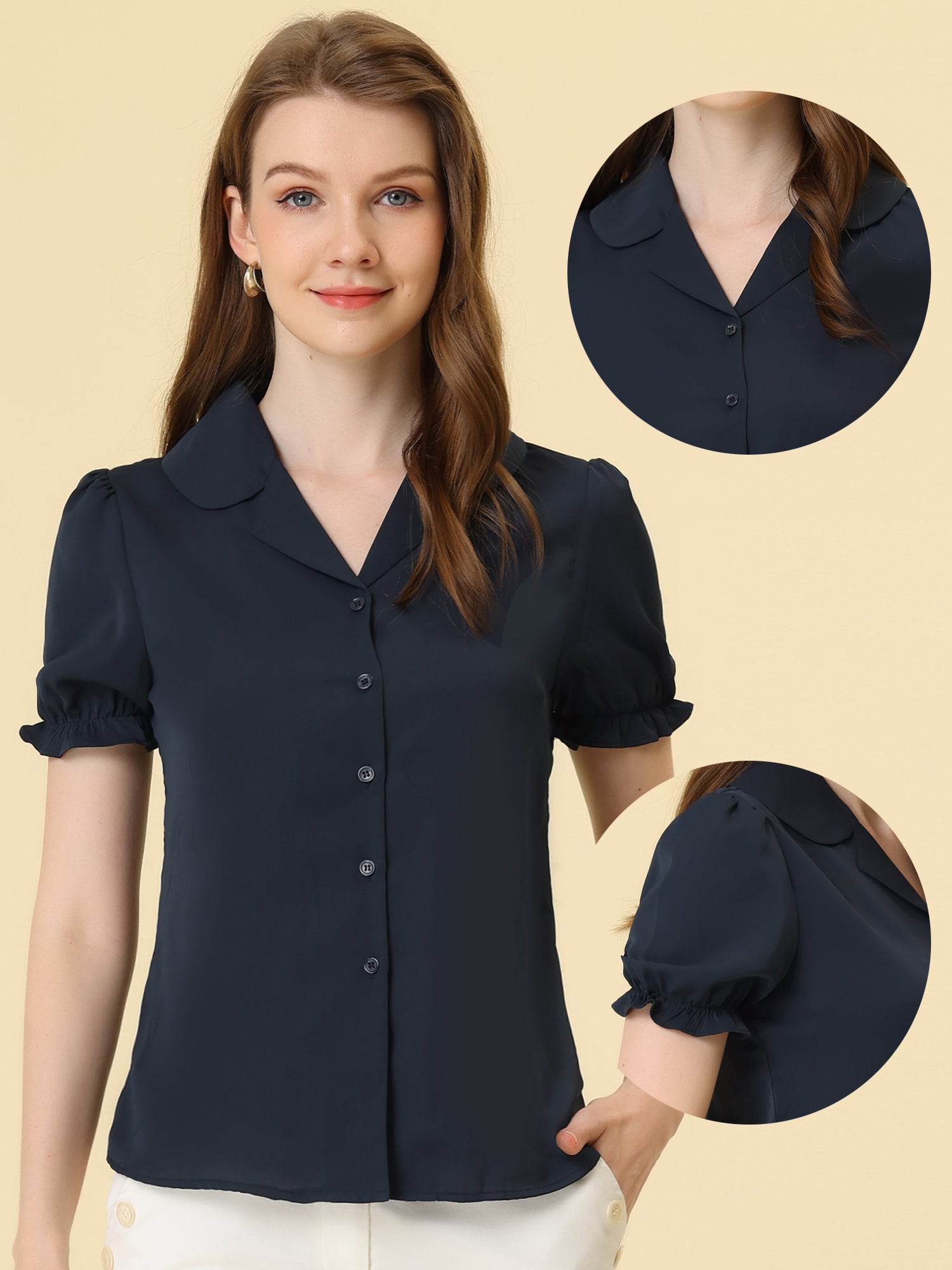Summer Work Lapel Collar Blouse Short Sleeve Button Down Shirt