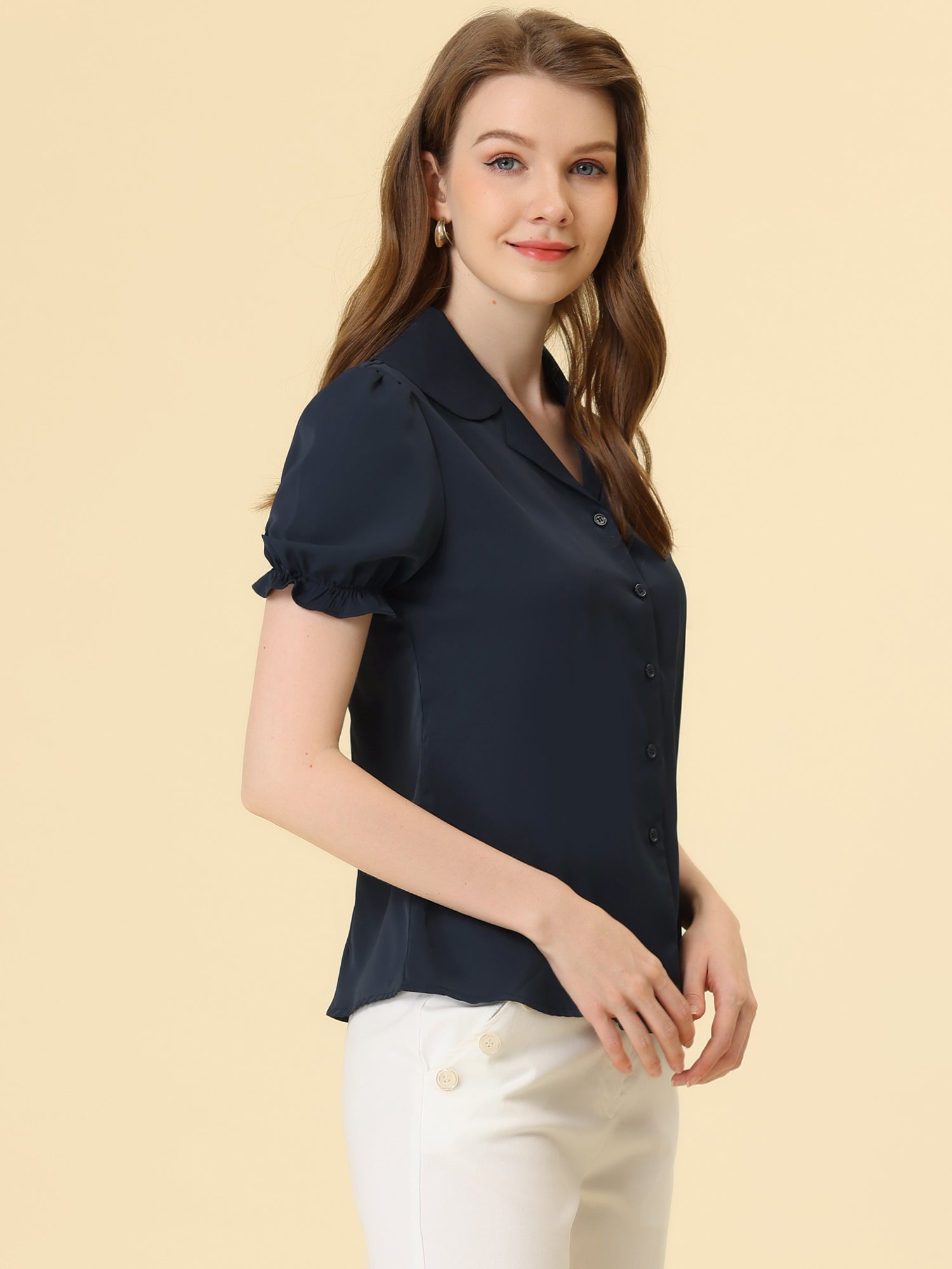 Summer Work Lapel Collar Blouse Short Sleeve Button Down Shirt