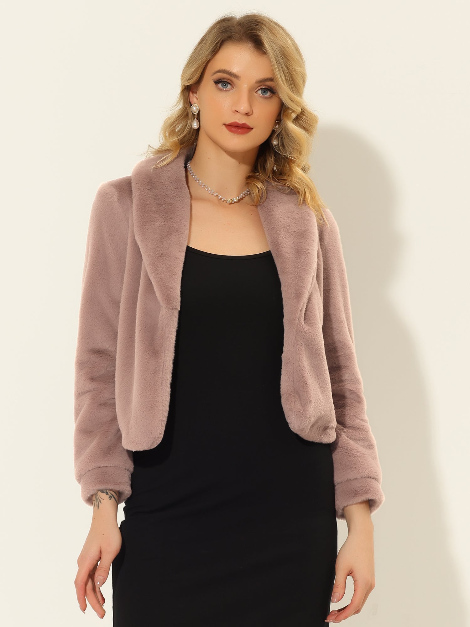 Winter Cropped Jacket Lapel Long Sleeve Faux Fur Fluffy Coat